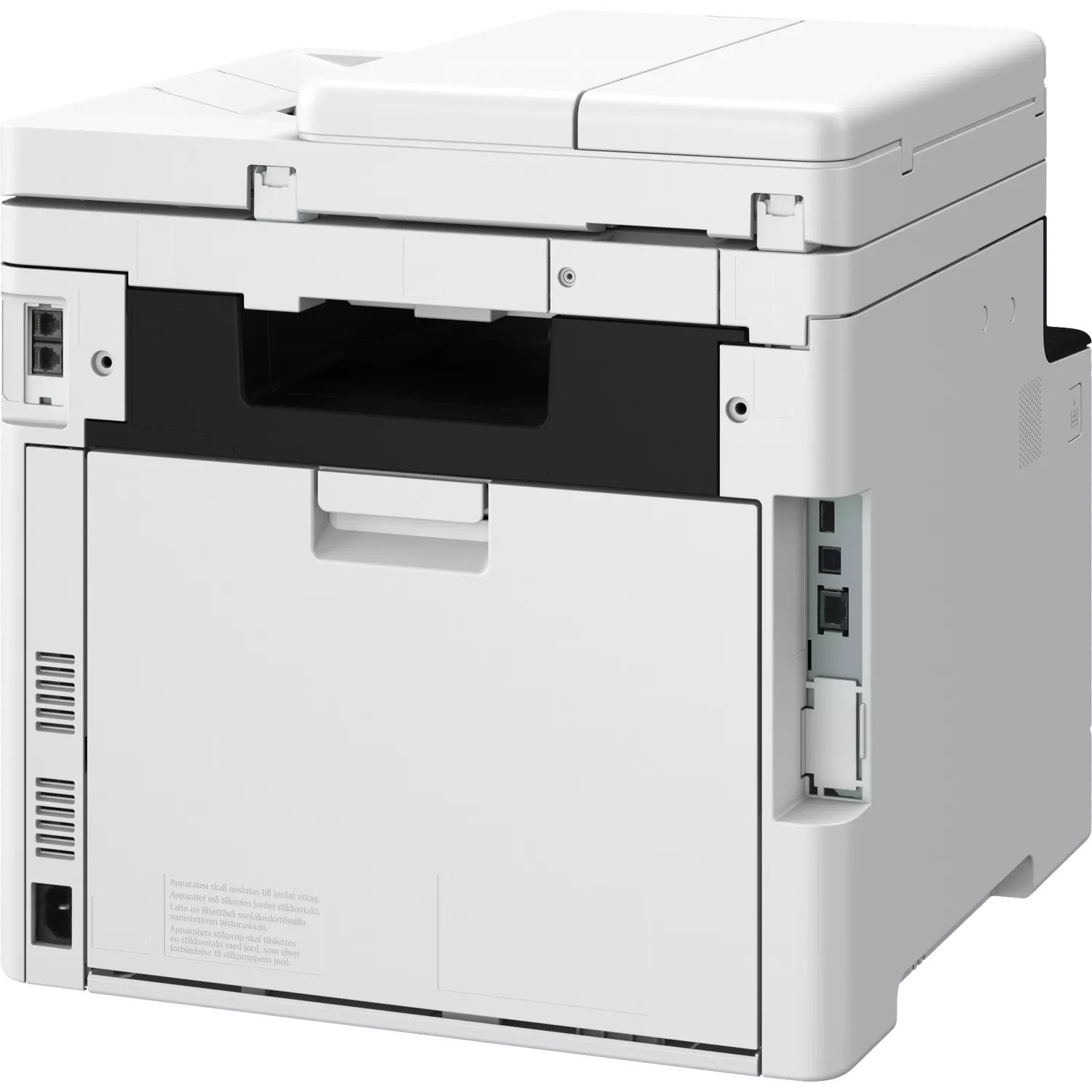 Ein weißer Drucker mit schwarzem Bereich. Es hat verschiedene Anschlüsse und ein Eingabefach. Text in mehreren Sprachen ist sichtbar.