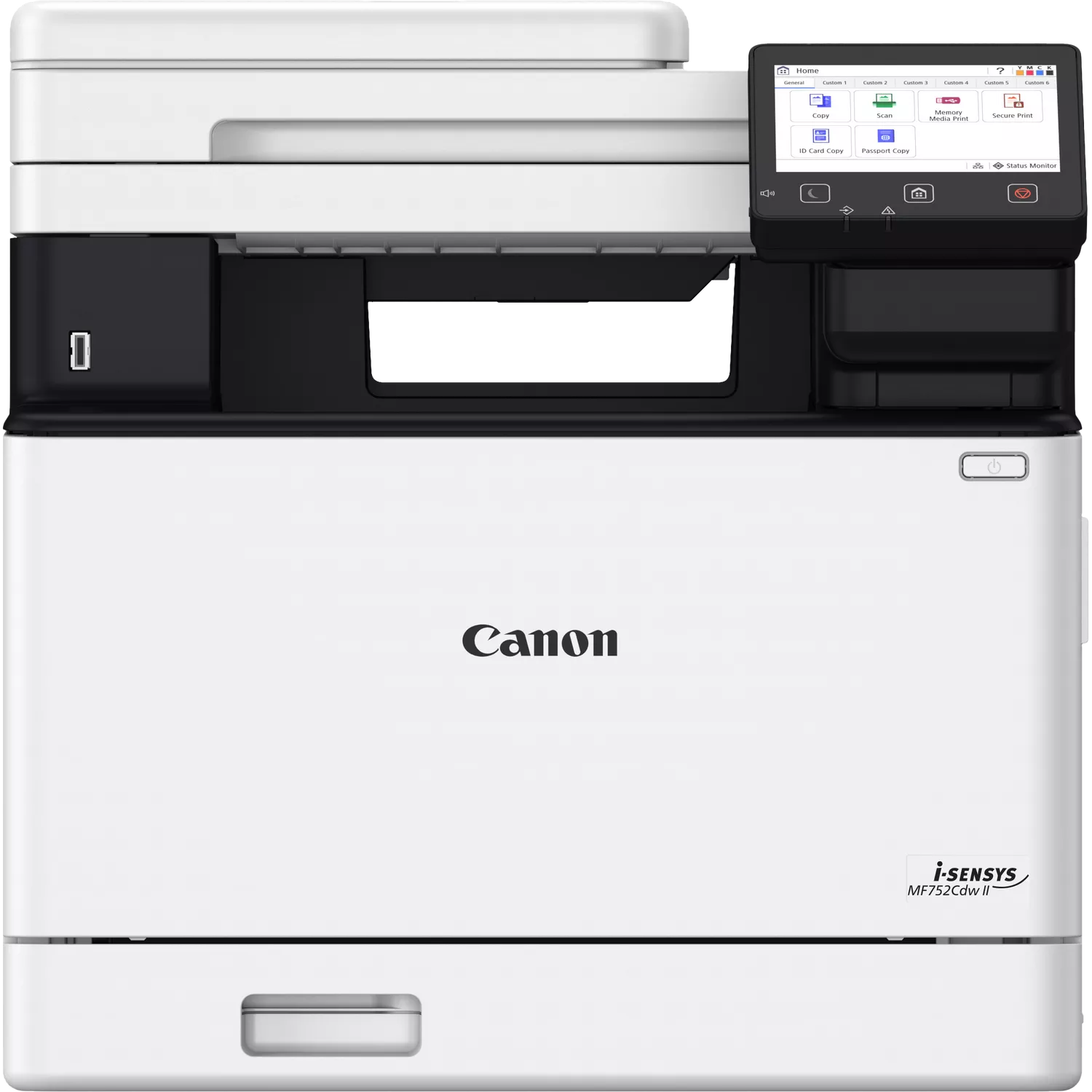 Ein Canon i-SENSYS MF752Cdw II Drucker. Er ist weiß und schwarz mit einem Touchscreen-Display. Zu den Funktionen gehören Kopieren, Scannen und Drucken.