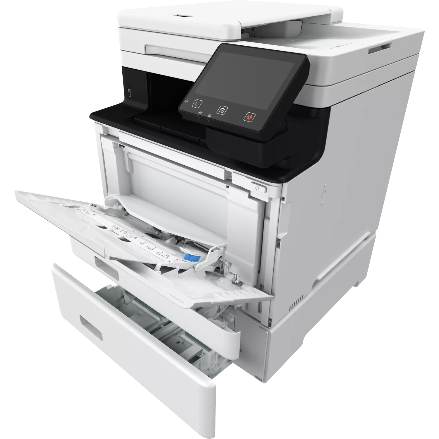 Ein weißer und schwarzer Bürodrucker mit offenem Papierfach. Der Drucker hat einen Touchscreen und mehrere Tasten. Der Hintergrund ist schwarz.