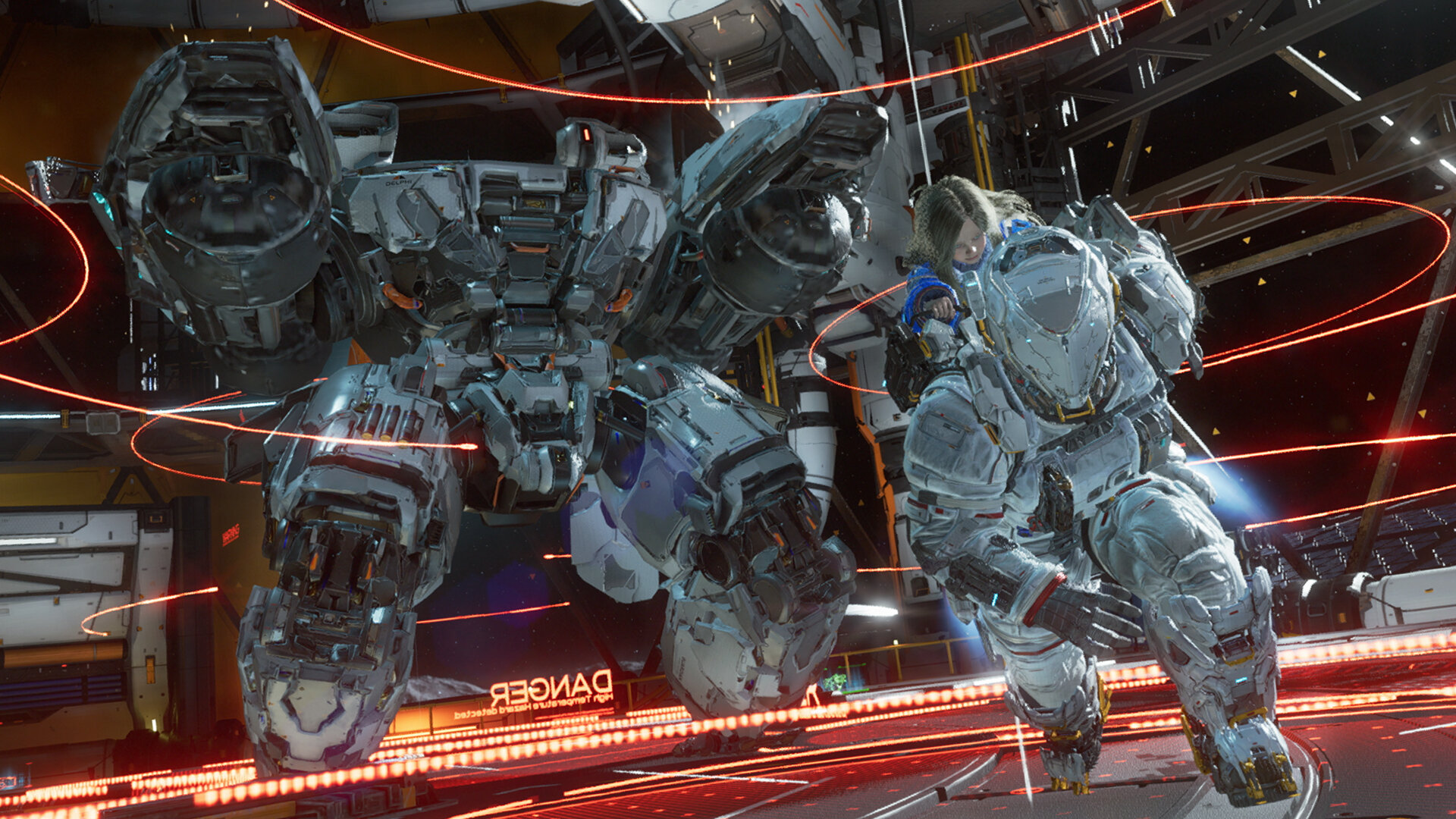 Scena sci-fi: duży mech i osoba w skafandrze kosmicznym. Czerwone linie i stacja kosmiczna w tle.