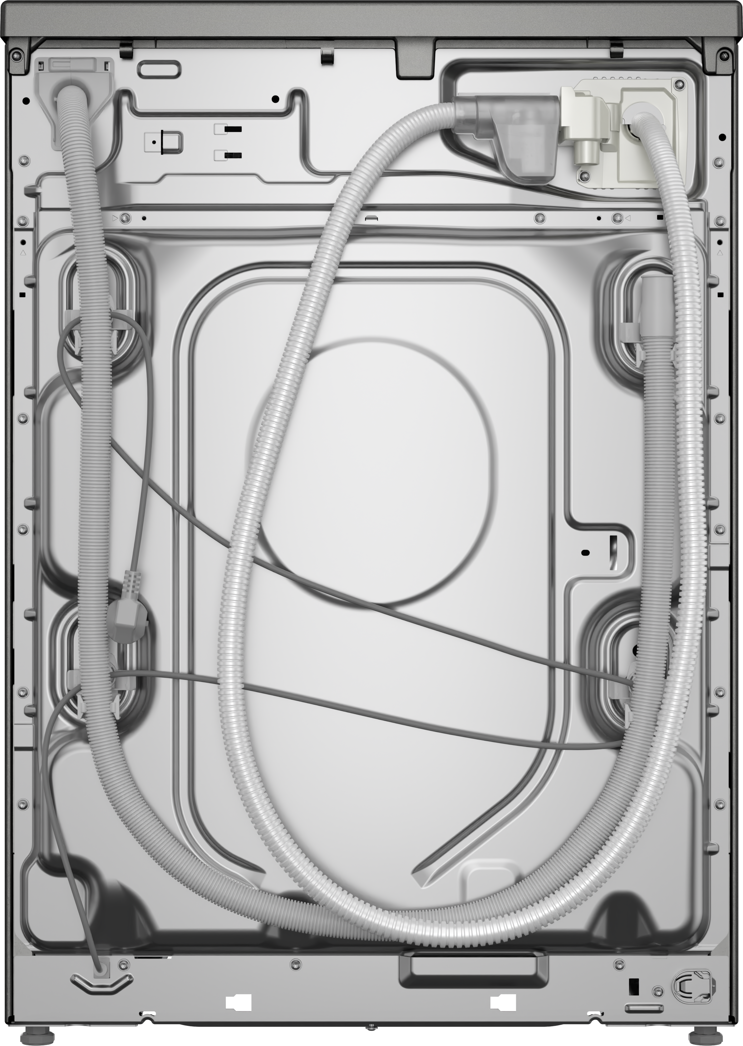 Arrière d'une machine à laver. Métal argenté avec tuyaux, fils et composants plastiques. Une grande indentation circulaire centrale est visible.