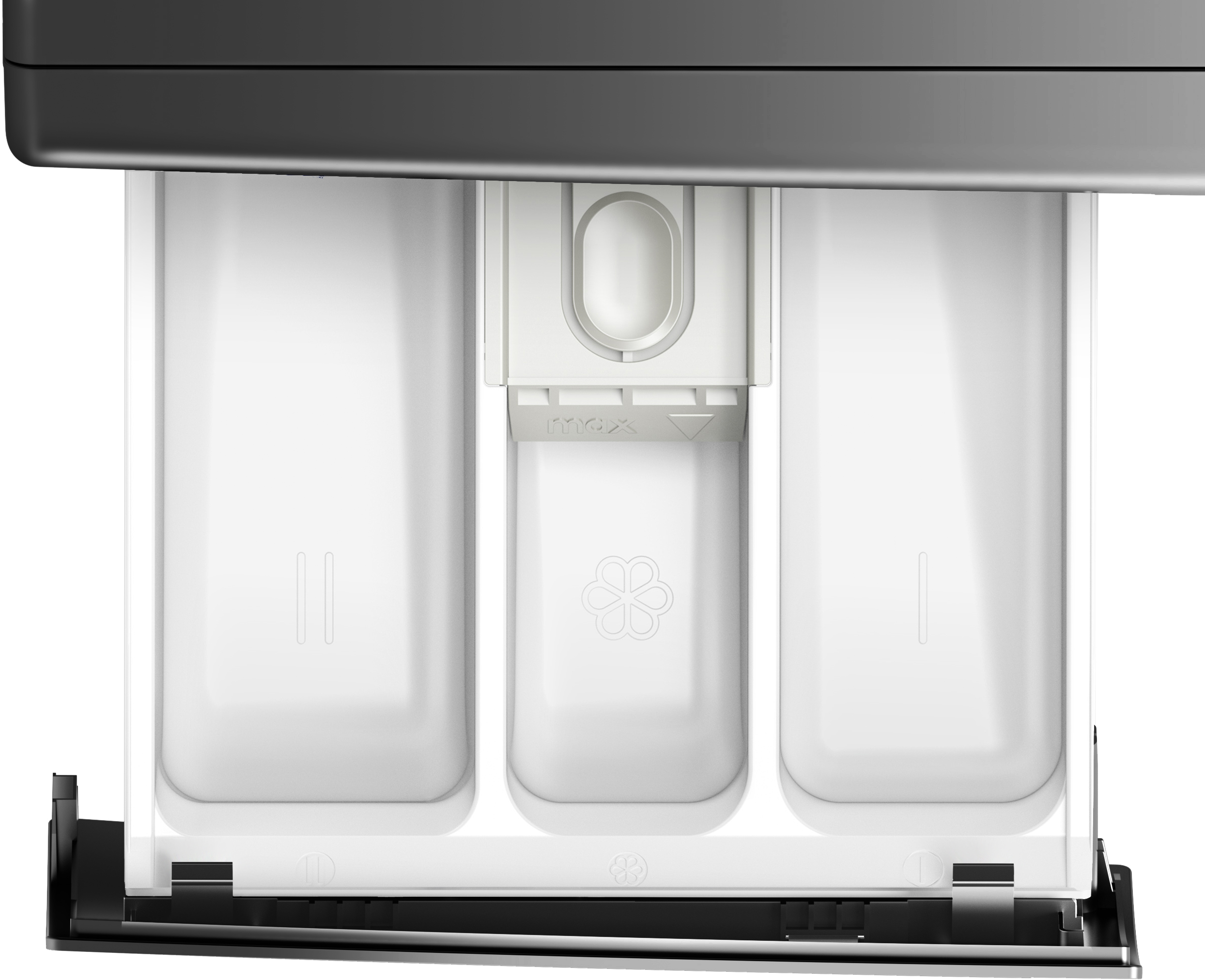Gros plan sur un tiroir de lessive blanc. Trois compartiments sont visibles, avec des marques et un symbole floral.