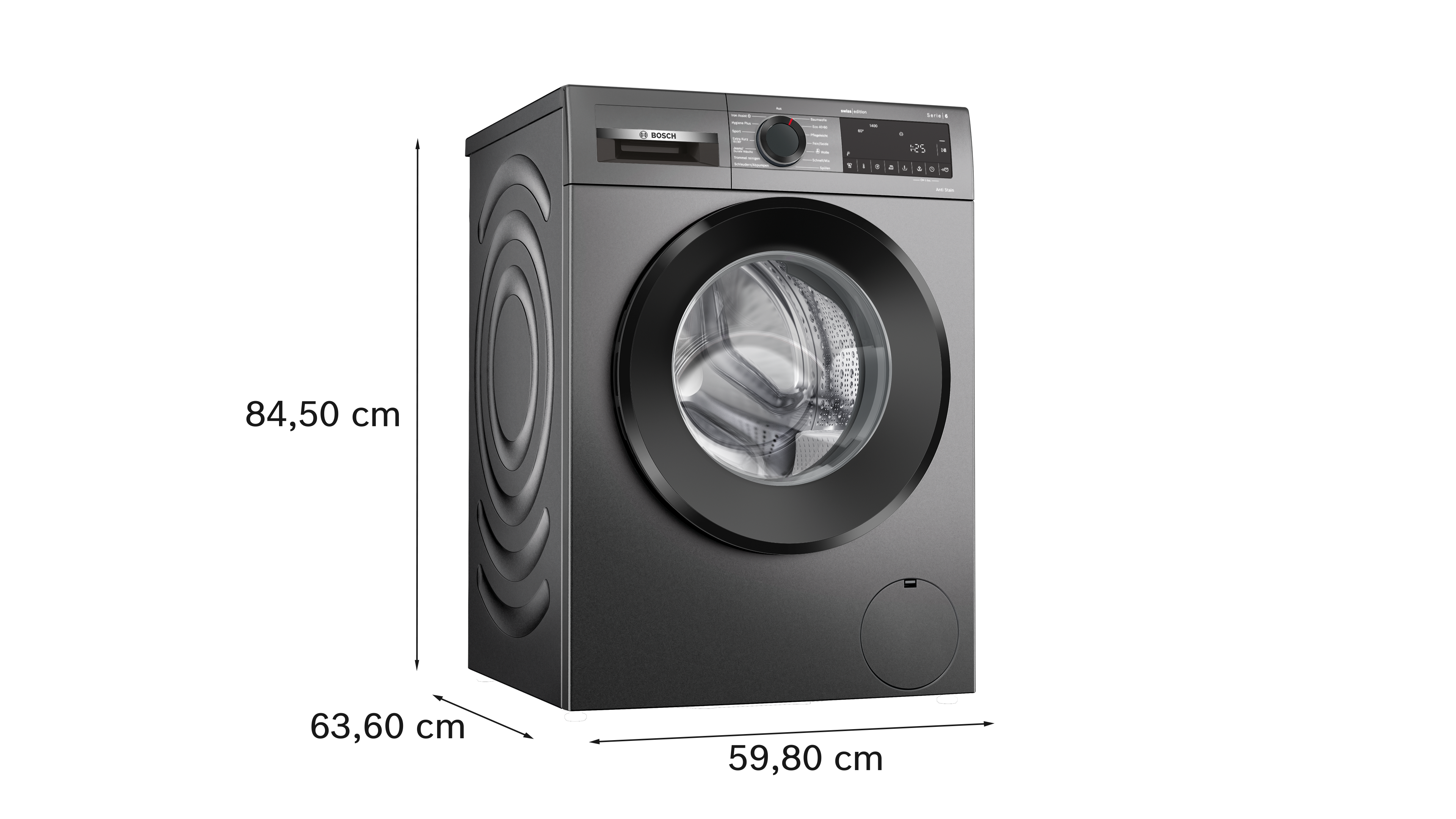 Un lave-linge Bosch gris foncé, avec porte et panneau de commande noirs, sur fond noir.