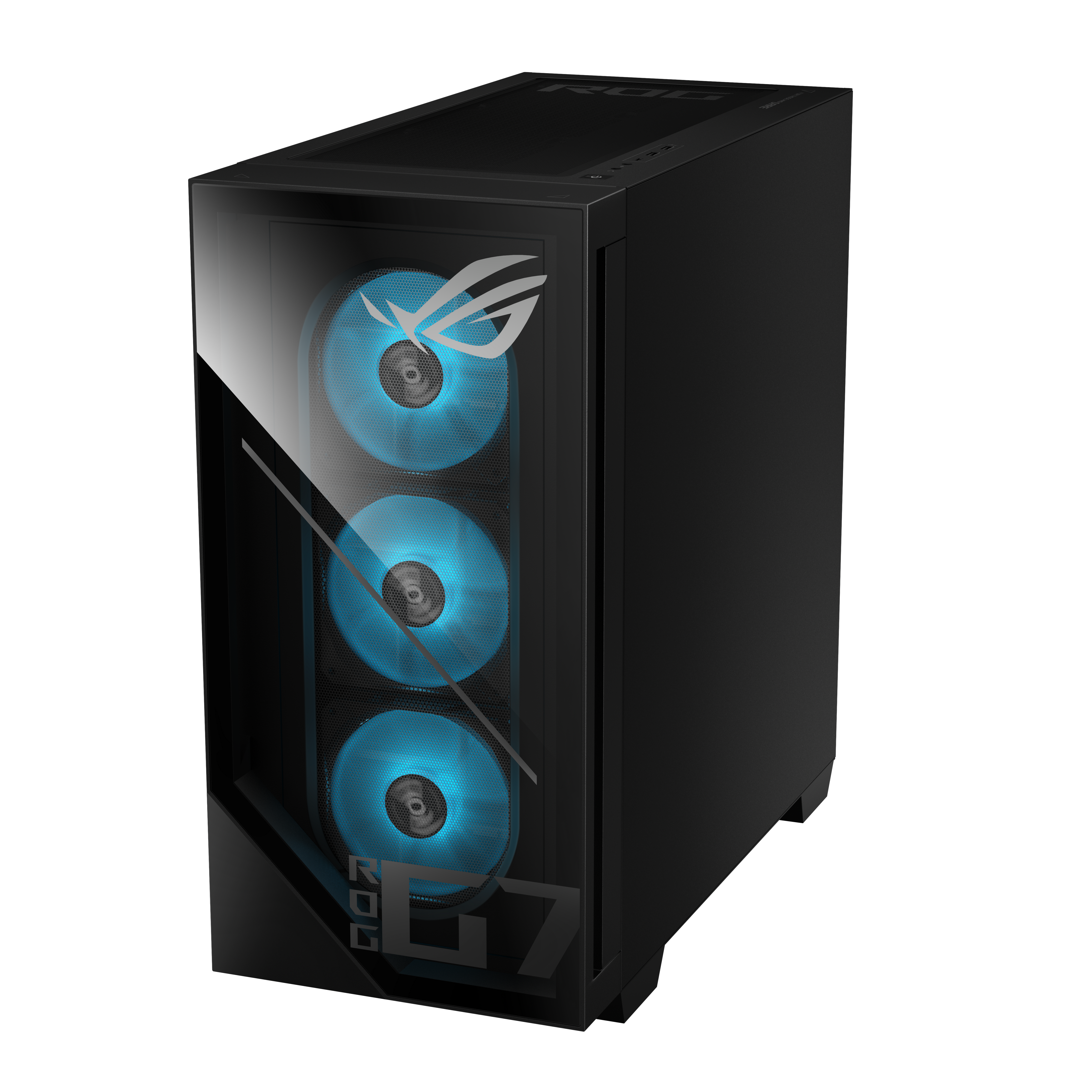 Schwarzes Computergehäuse mit blau leuchtenden Lüftern. ROG-Logo auf der Vorderseite. Glasplatte an der Seite. Das Gehäuse steht auf weißem Hintergrund.