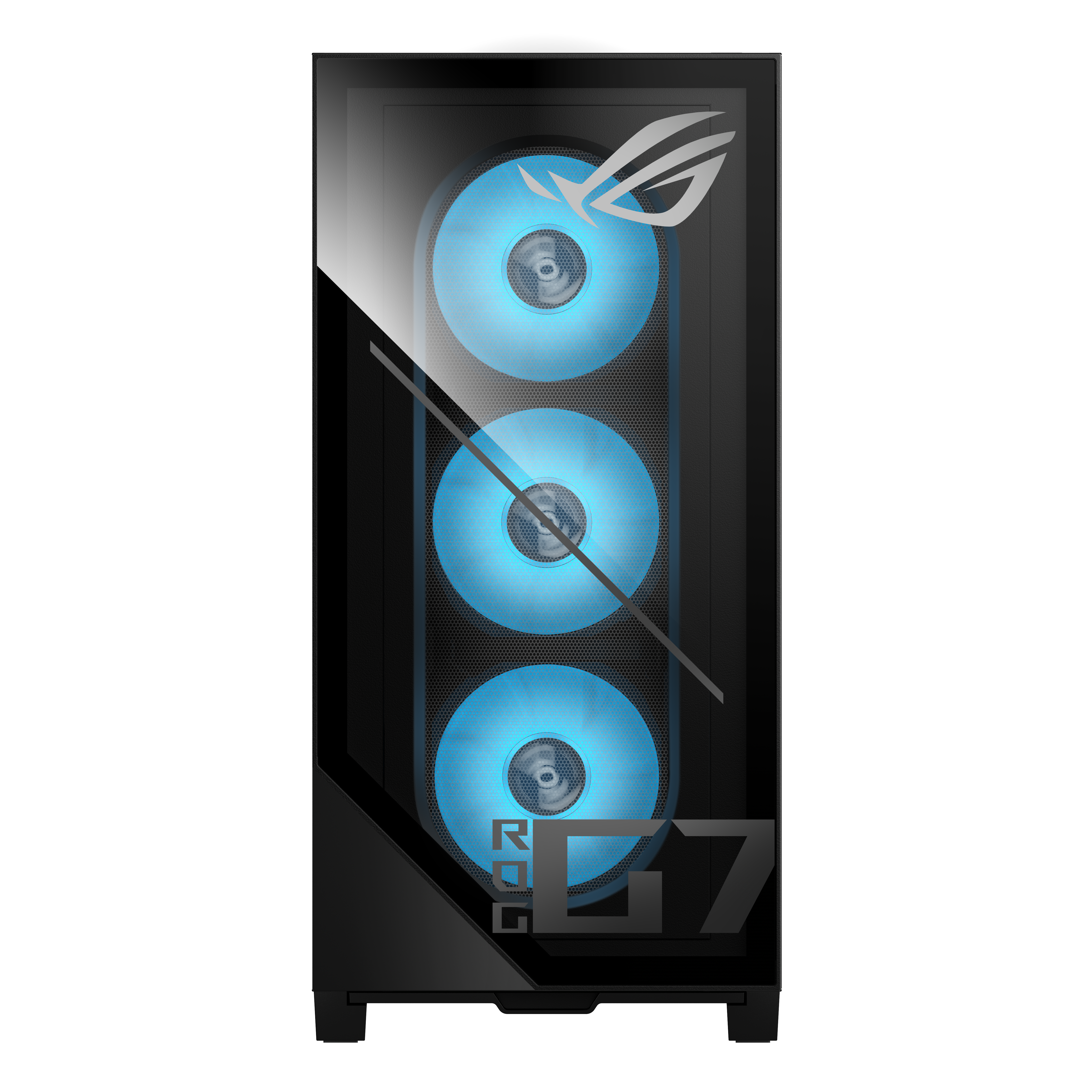 Schwarzes Computergehäuse mit blau leuchtenden Lüftern. ROG-Logo oben rechts, G7-Text unten. Glasplatte, Metallgitter.
