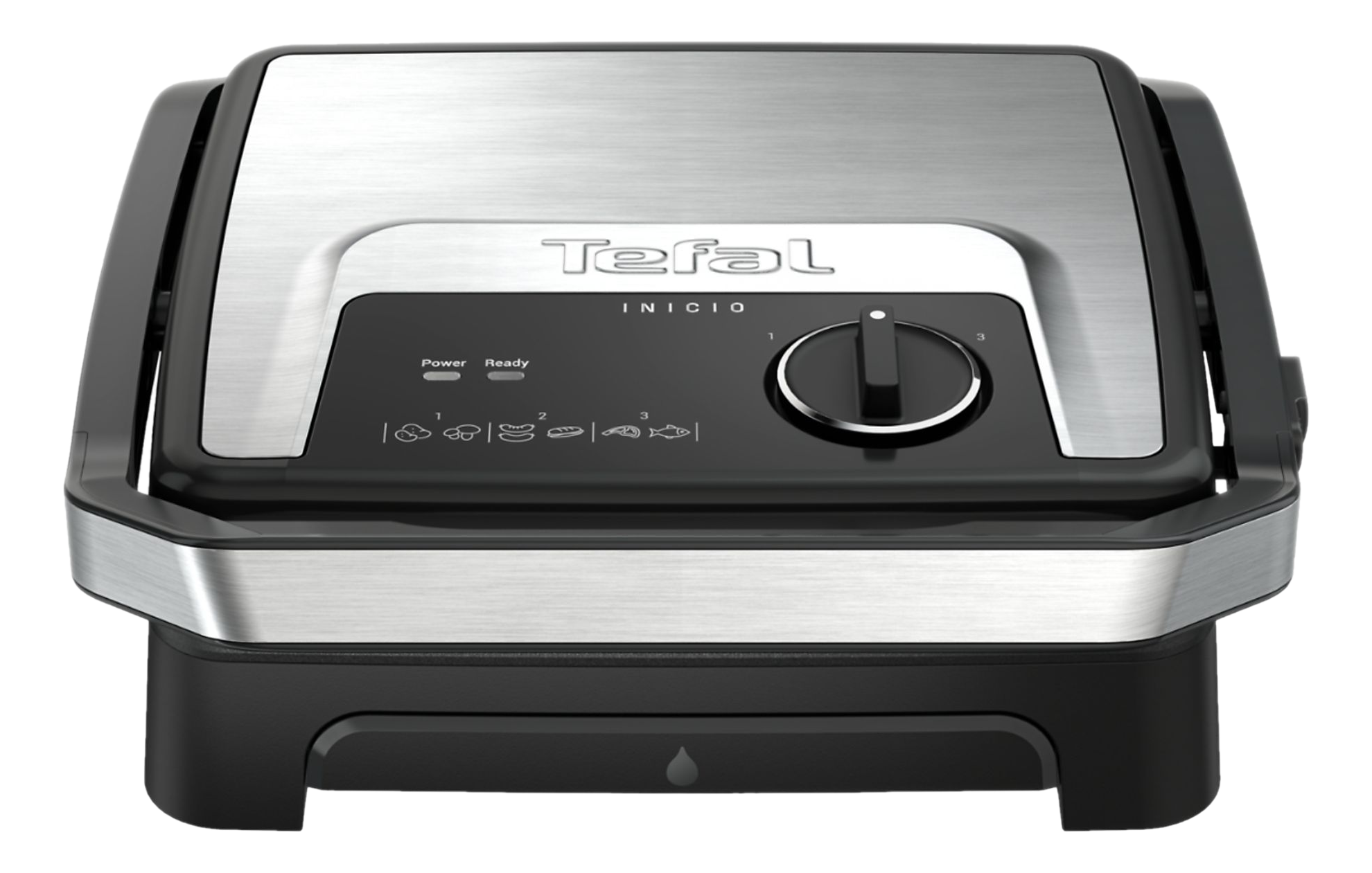 Ein Tefal-Grill, schwarz und silber. Er hat ein Bedienfeld mit Einstellungen und einem Drehregler. Die Oberseite ist geschlossen.