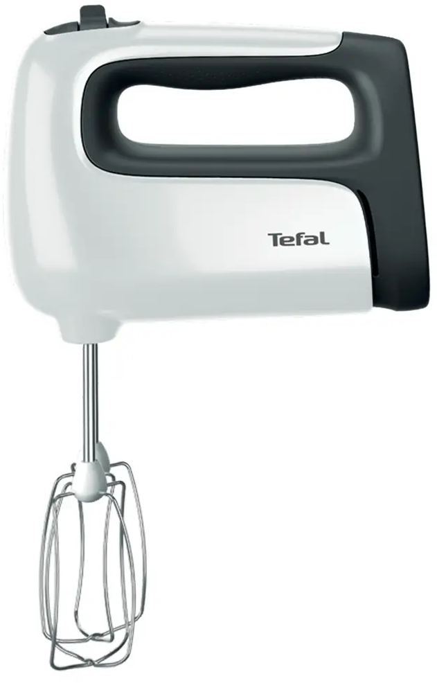 Un frullatore a mano Tefal bianco e nero. Ha un'impugnatura, un pulsante di velocità e un accessorio frusta.