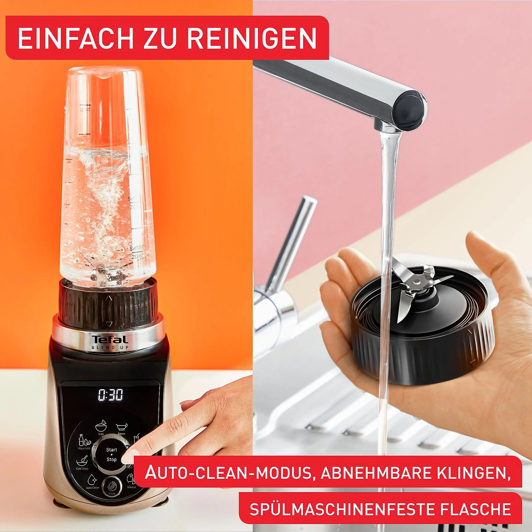 Ein Mixer mit einem Glasbehälter mit Wasser. Eine Hand reinigt die Klinge unter einem Wasserhahn.