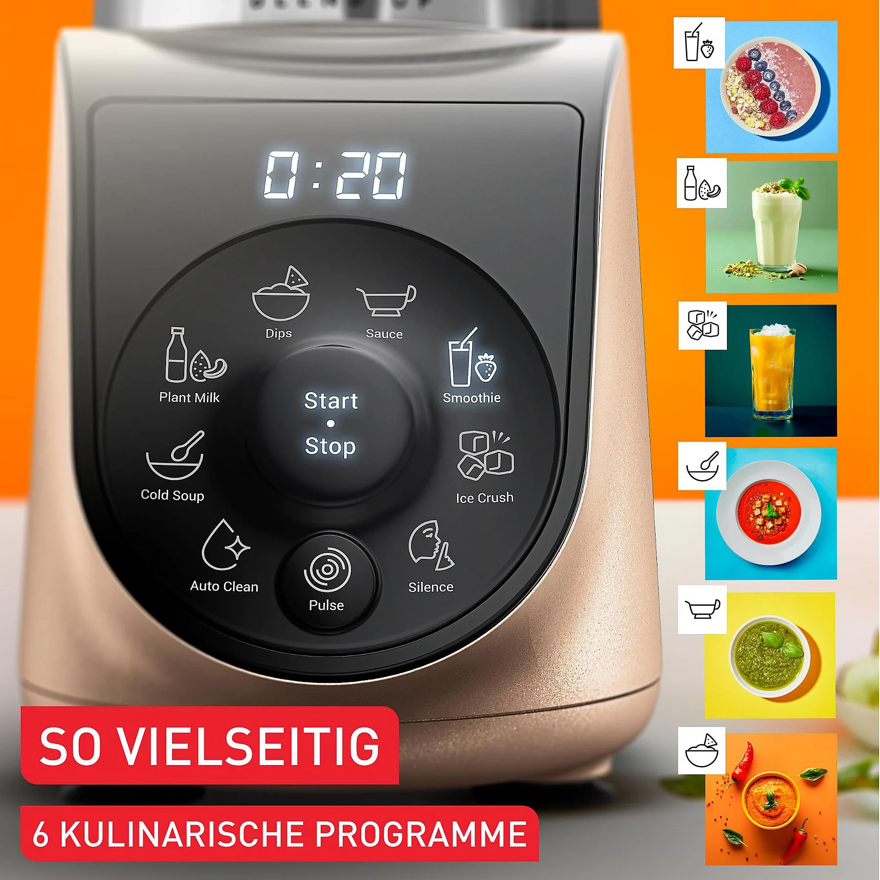 Nahaufnahme eines Mixers. Er hat Knöpfe für verschiedene Programme und eine Digitalanzeige mit '0:20'.