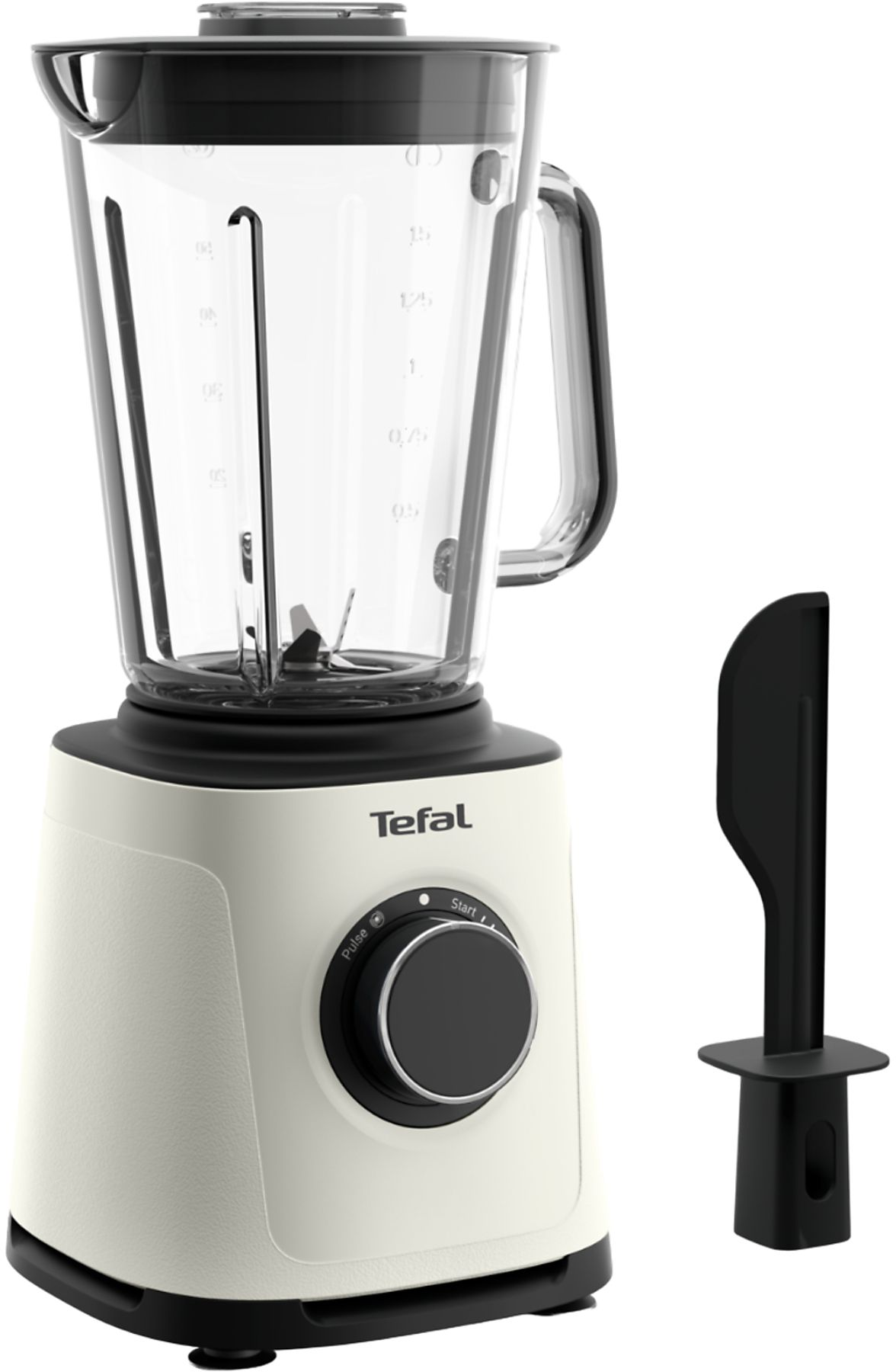 Un frullatore Tefal color crema con dettagli neri. Include una caraffa trasparente, una lama nera e una spatola nera.