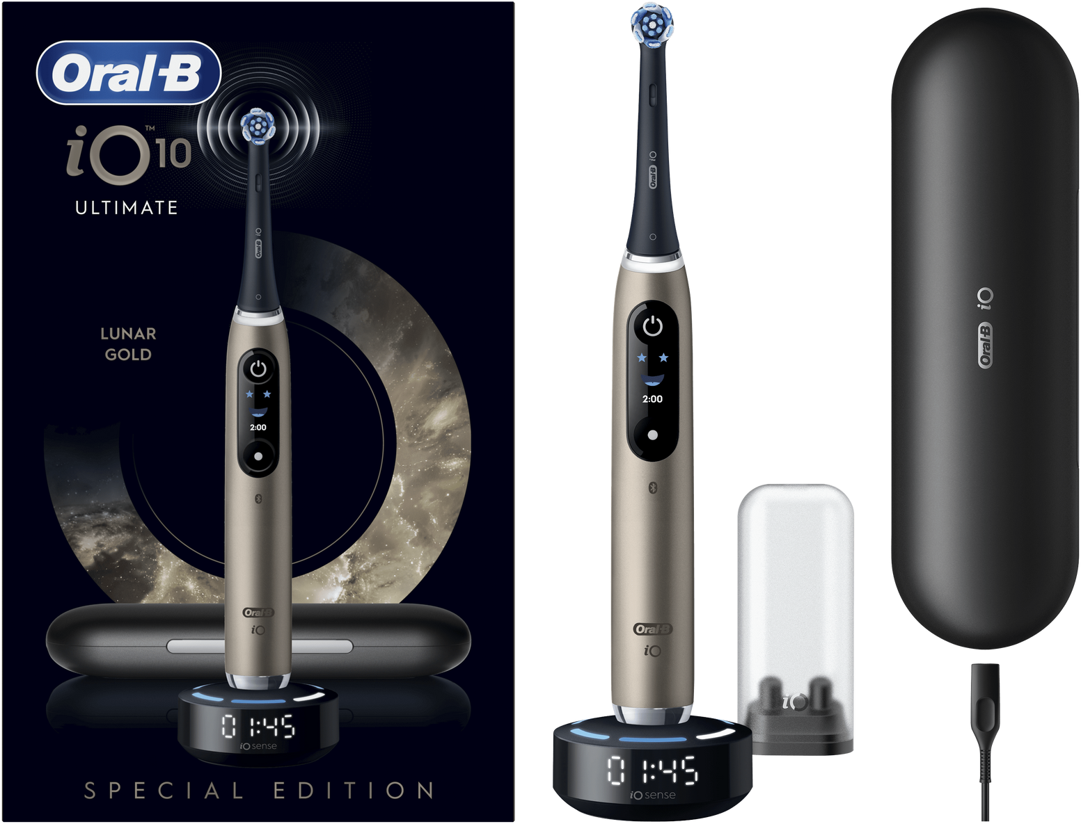Eine elektrische Zahnbürste Oral-B iO 10, Farbe Lunar Gold, mit Ladestation, Reiseetui und Zubehör. Die Verpackung ist sichtbar.