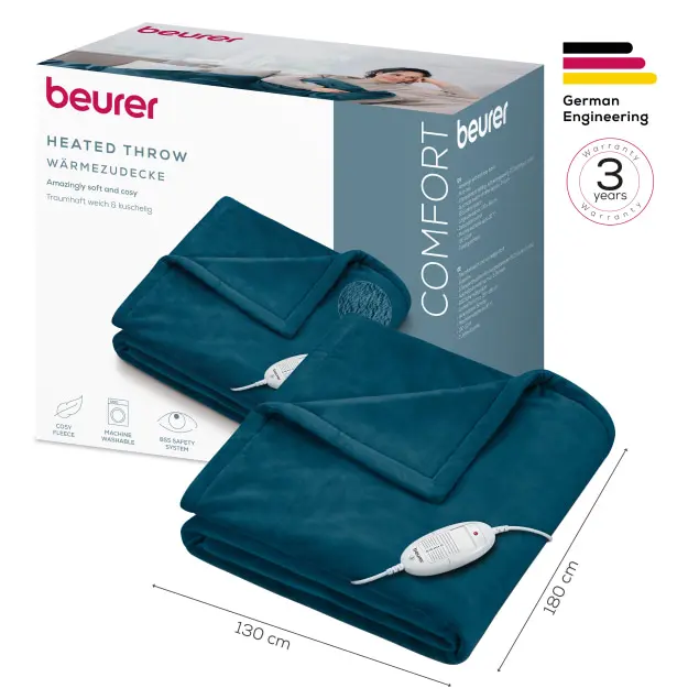 Una coperta termica teal di Beurer con dimensioni 180x130 cm. Caratteristiche: pile accogliente, lavabile in lavatrice e sistema di sicurezza BSS.