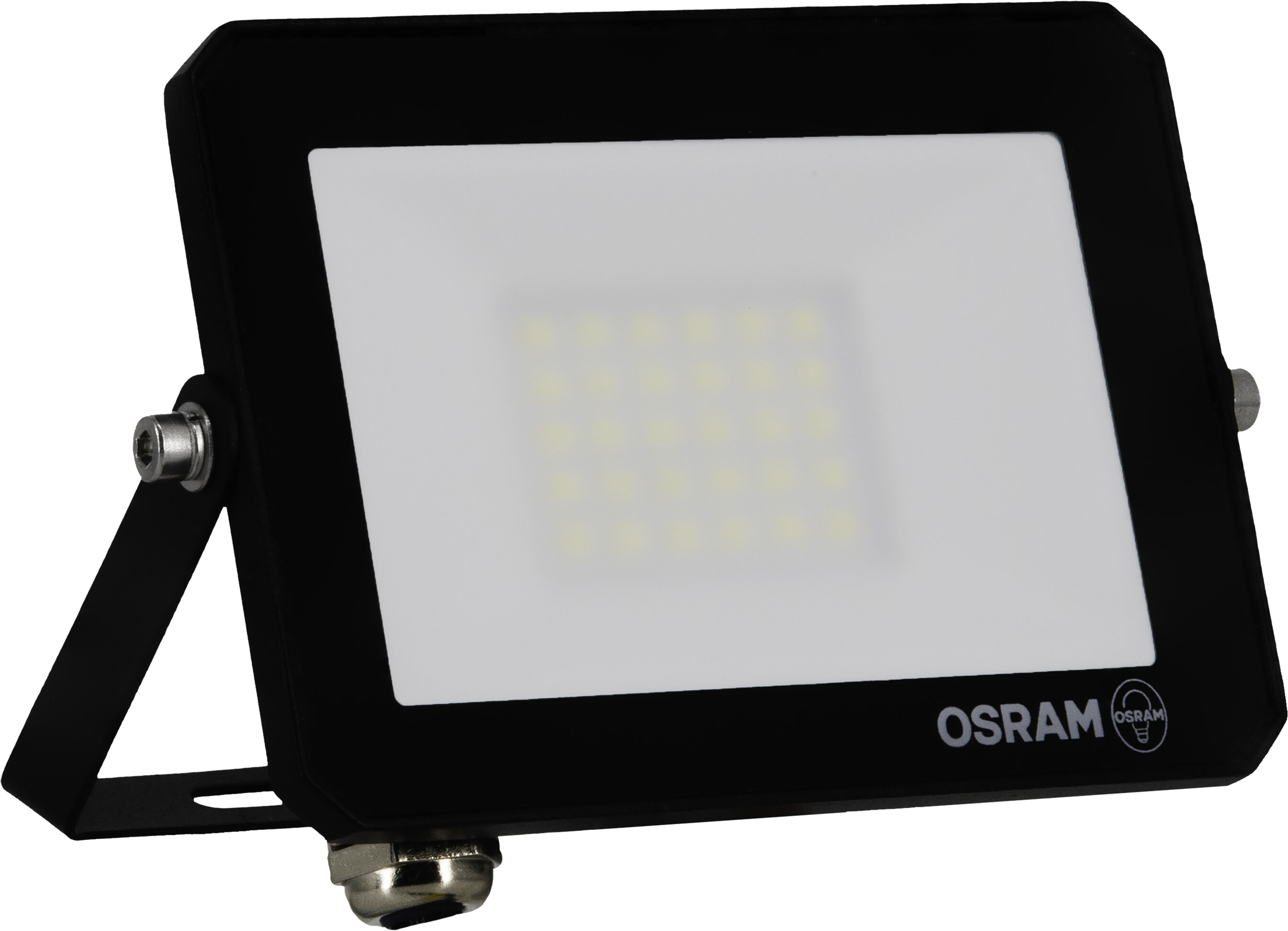 Fekete, téglalap alakú LED-es reflektor. A fény fehér. Tartója és rögzítőcsavarjai vannak. Az OSRAM logó látható.