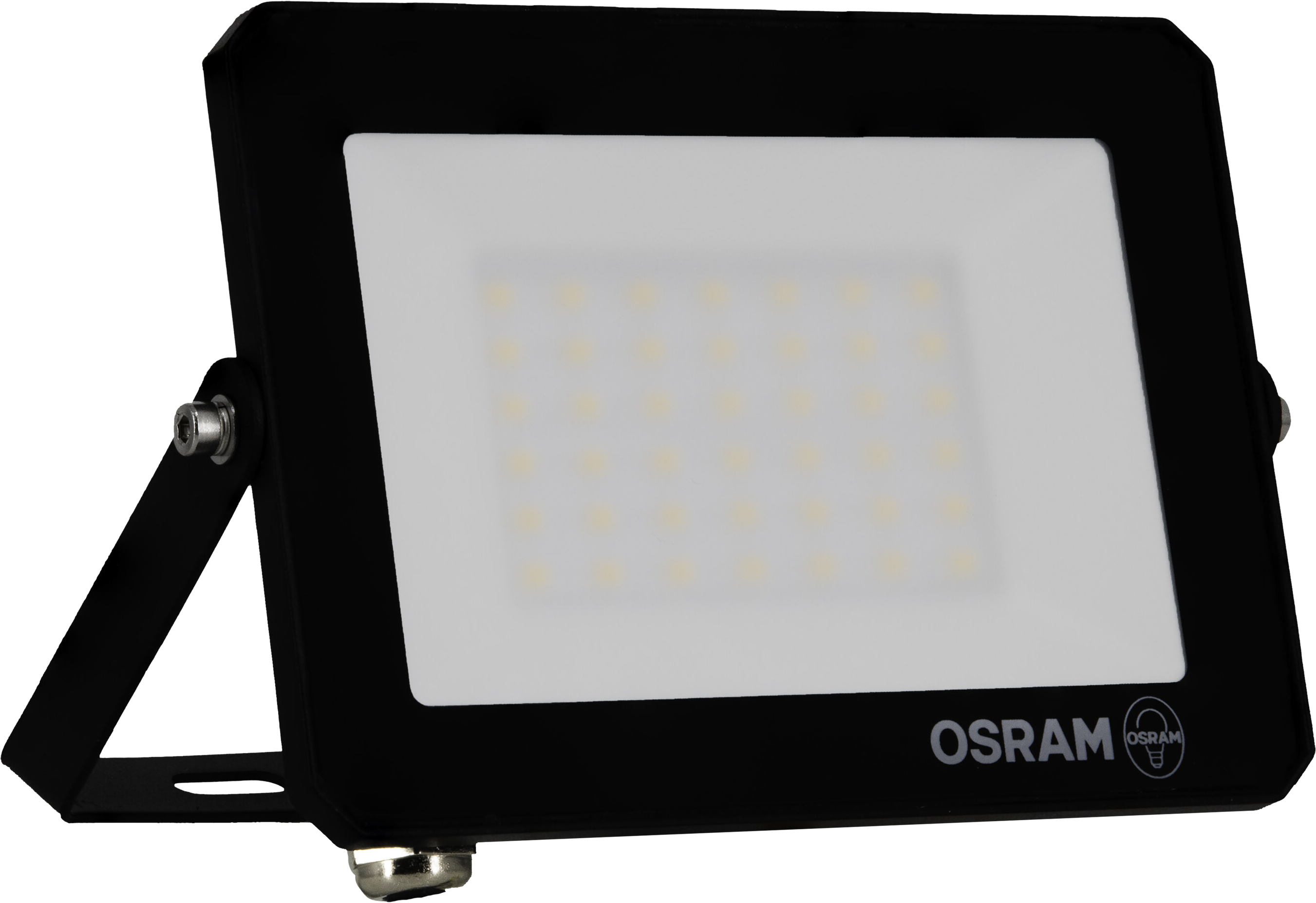 Egy fekete, téglalap alakú LED-es reflektor. A lámpának fehér felülete van, sárga LED-ekkel és OSRAM logóval.
