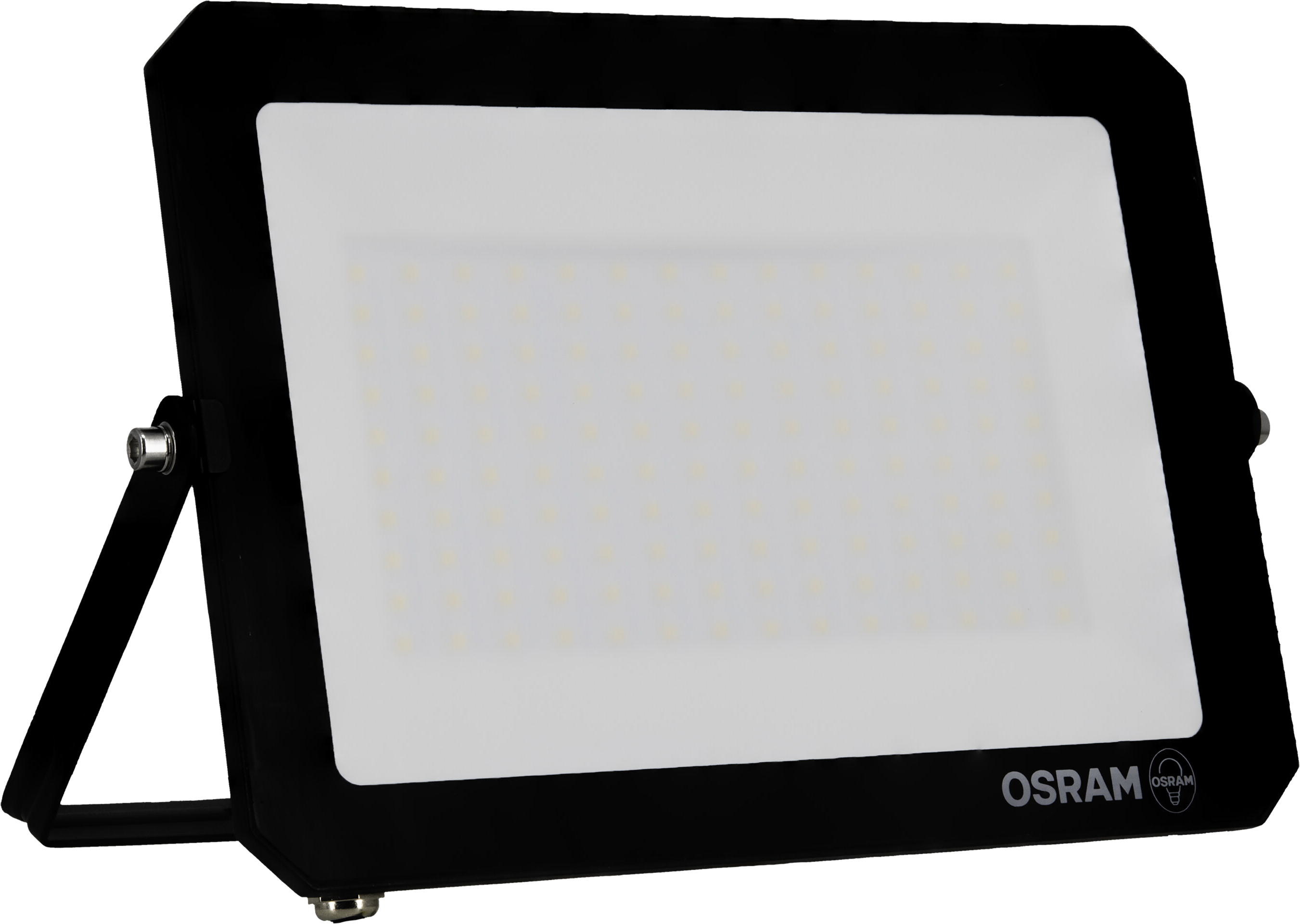 Egy fekete, téglalap alakú LED-es reflektor. A világító panel fehér, apró sárga fényekkel. A márka az OSRAM.