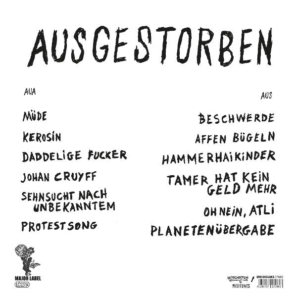 Schwarz-Weiß-Text auf weißem Hintergrund. Das Wort 'AUSGESTORBEN' steht oben. Darunter befinden sich Wortlisten.