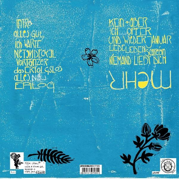 Blauer Hintergrund mit gelbem und weißem Text, schwarzen Blumenillustrationen und kleinen Logos unten.