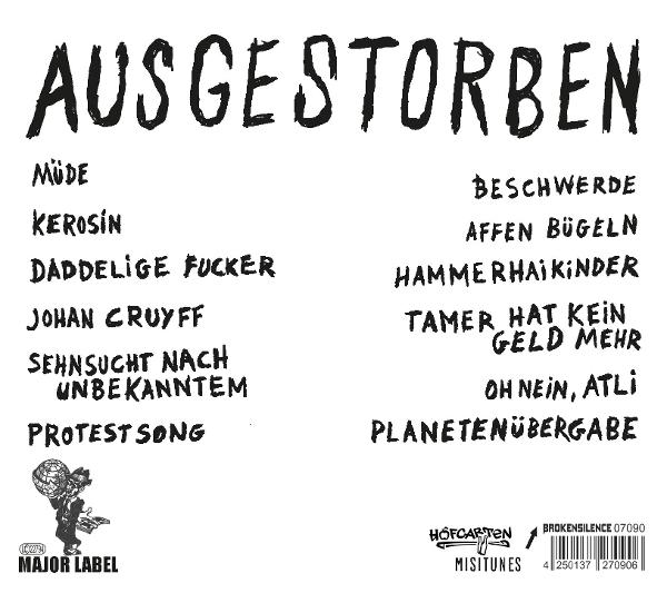 Schwarzer Text auf weißem Hintergrund: "AUSGESTORBEN" und eine Liste deutscher Wörter. Eine Cartoon-Figur unten links.