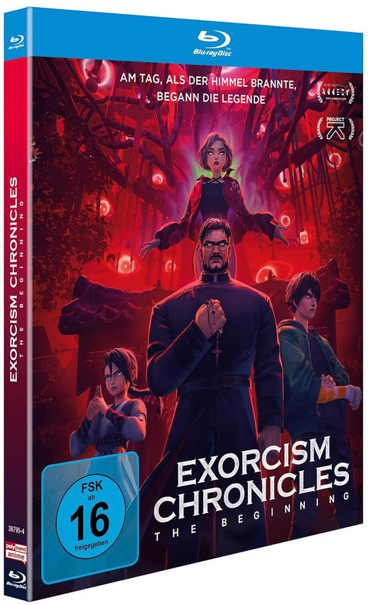Blu-ray-Cover für Exorcism Chronicles. Es zeigt Charaktere, einen Priester und eine Frau. Der Hintergrund ist rot mit Text.