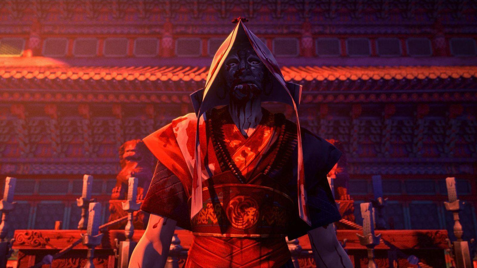 Eine Figur in roten und schwarzen Gewändern mit Maske steht vor einem Tempel.
