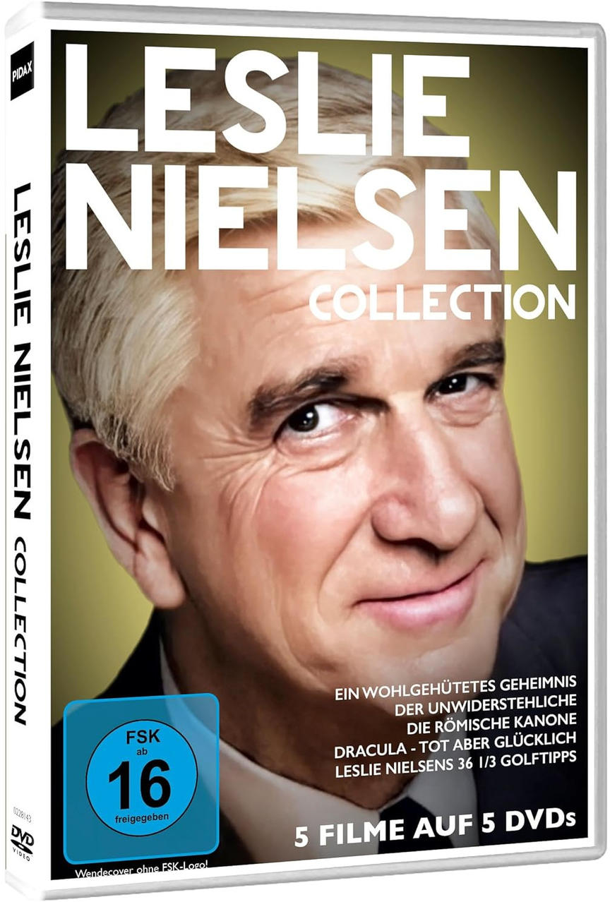 DVD-Cover: Leslie Nielsen Collection. Nielsens Gesicht, Textüberlagerung und ein Bewertungssymbol sind sichtbar.