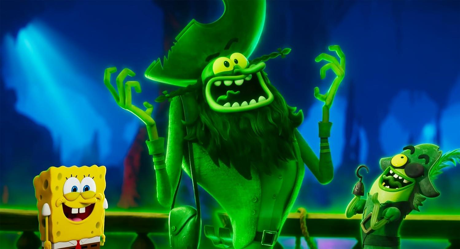 SpongeBob und zwei grüne Geisterpiraten. Ein Pirat hat einen Bart und einen Hut. Blauer Hintergrund, mit grünem Leuchten.