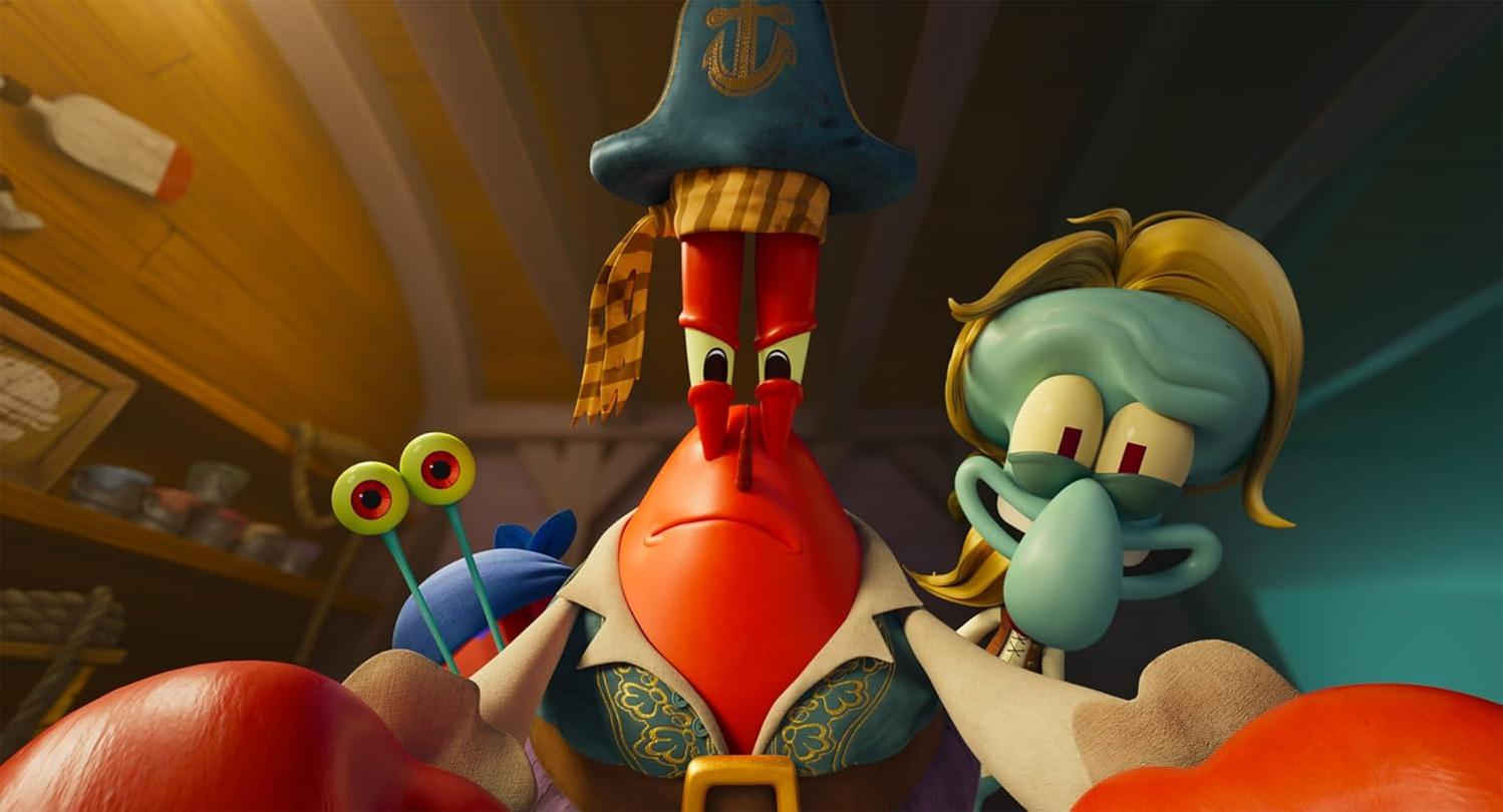 Mr. Krabs in Piratenkleidung im Fokus. Thaddäus und eine schneckenartige Kreatur im Hintergrund, alles cartoonhaft.