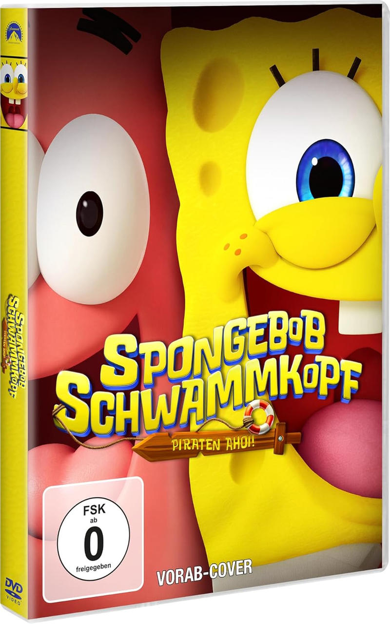 DVD-Cover von SpongeBob Schwammkopf. Gelber Schwamm und rosa Stern. Titeltext, Piraten-Thema. Bewertungsetikett und DVD-Logo.