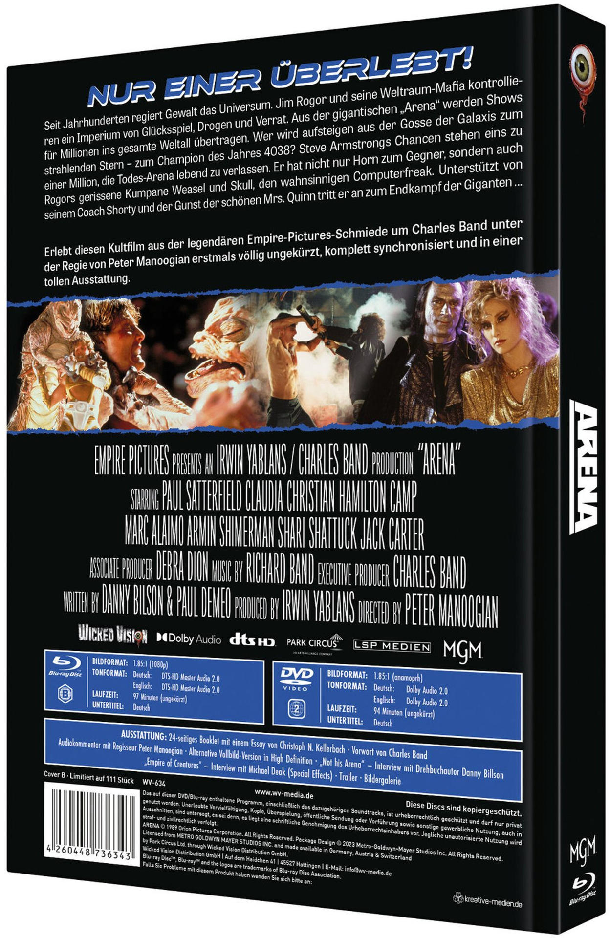 DVD-Cover. Text und Bilder, Filmtitel 'Arena', Schauspieler und Produktionsdetails sind sichtbar.