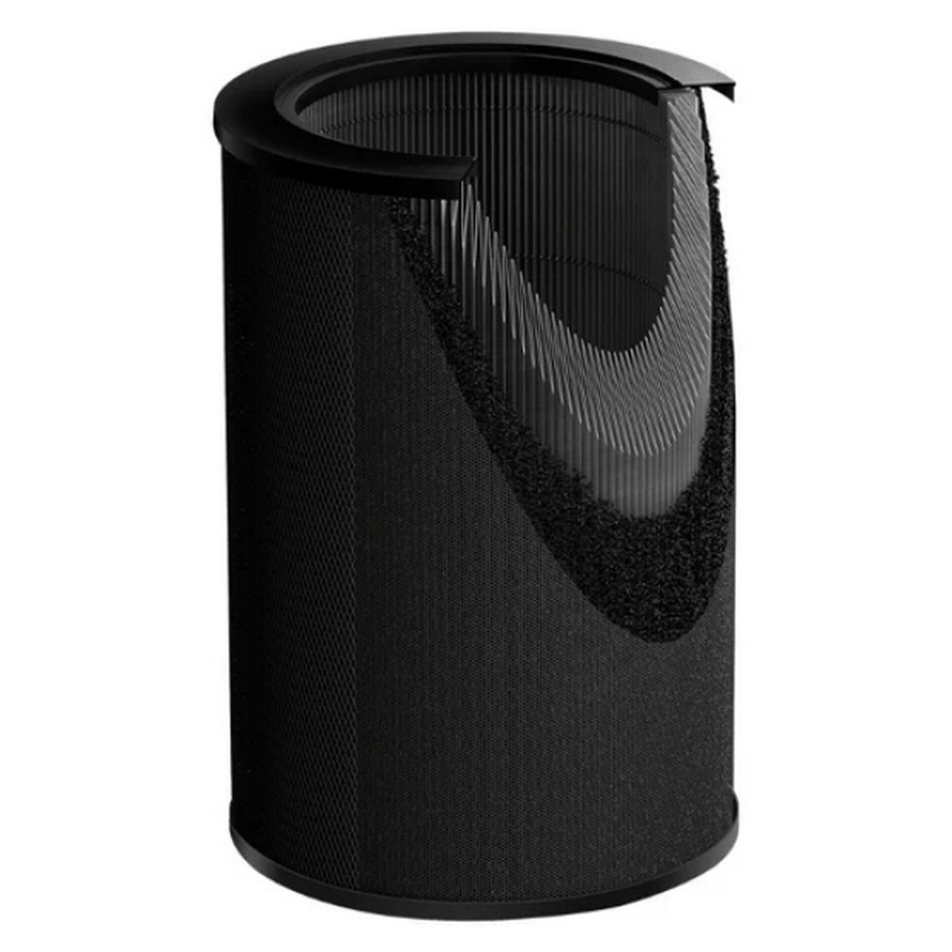 Czarny cylindryczny filtr powietrza z wieloma warstwami złożonego materiału.