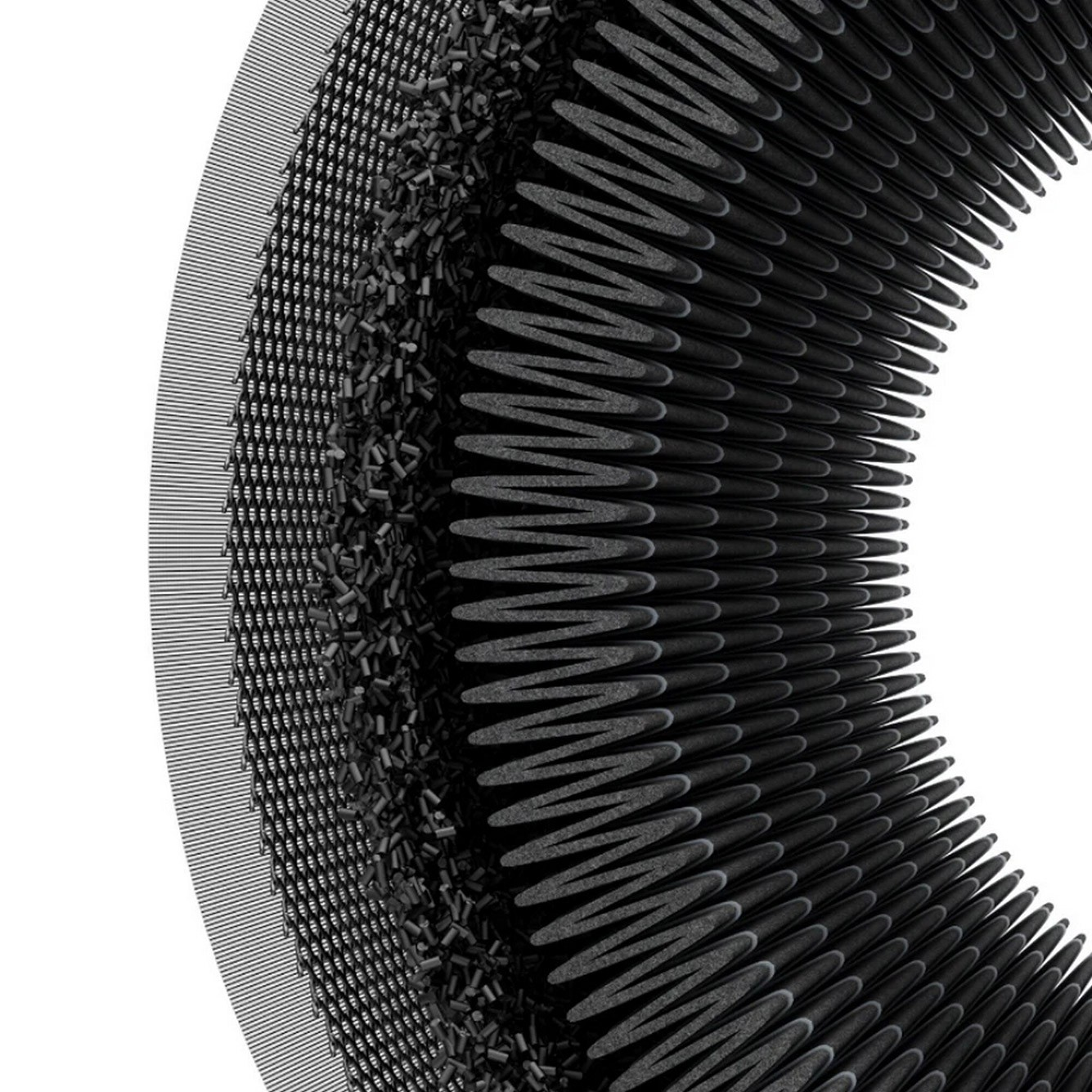 Zbliżenie czarnych ząbków i cząstek na białym tle.