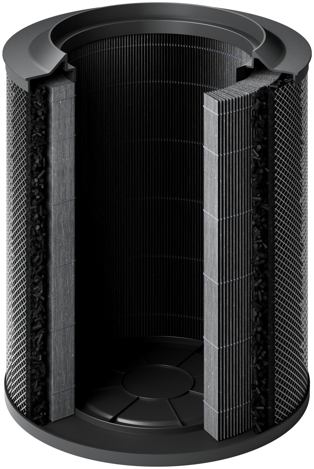 Cylindryczny filtr powietrza z wieloma warstwami, w tym węglem aktywnym i filtrami plisowanymi.