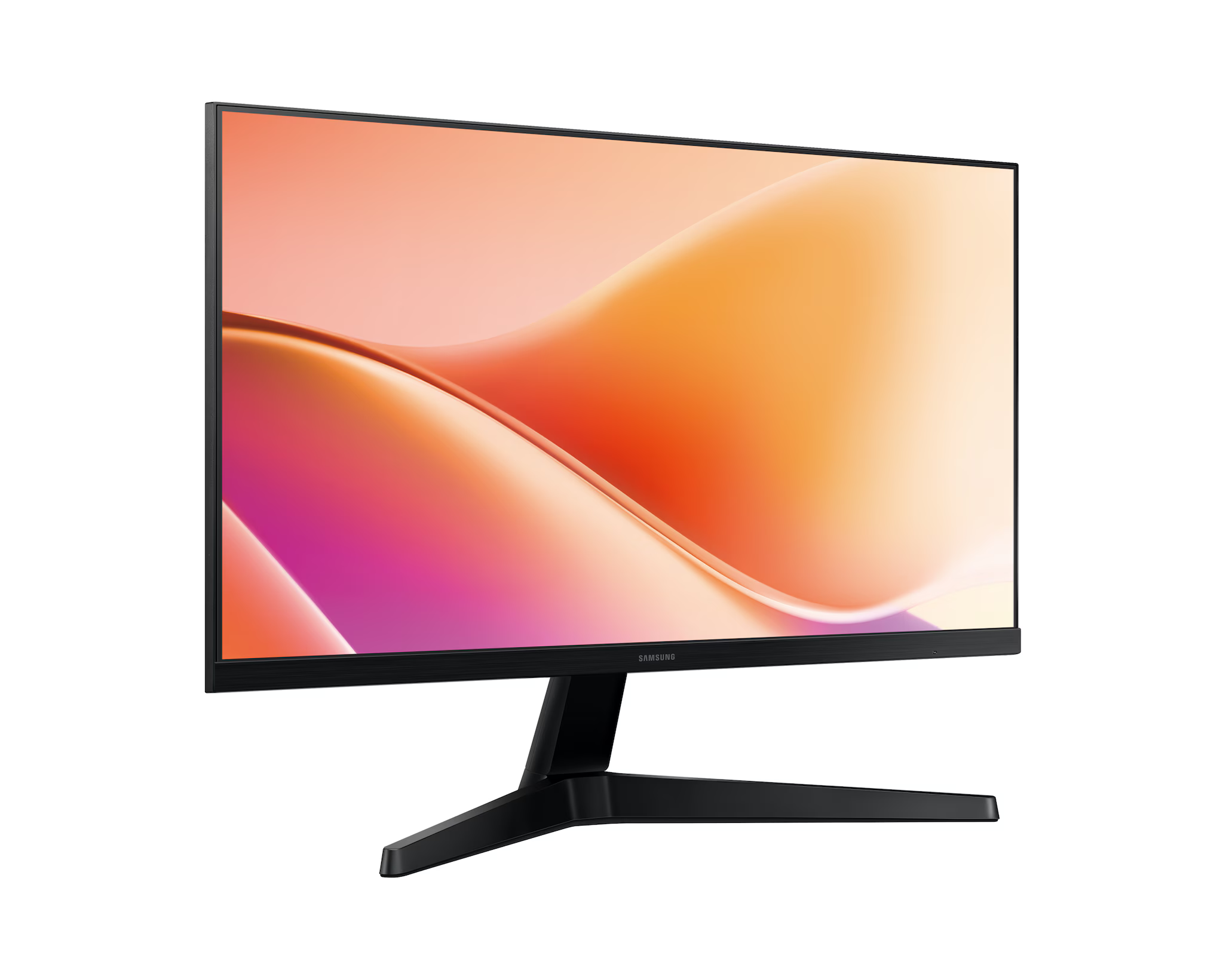 Egy fekete számítógép monitor színes, absztrakt átmenetet jelenít meg. A monitor fekete állványon van, fehér háttér előtt.