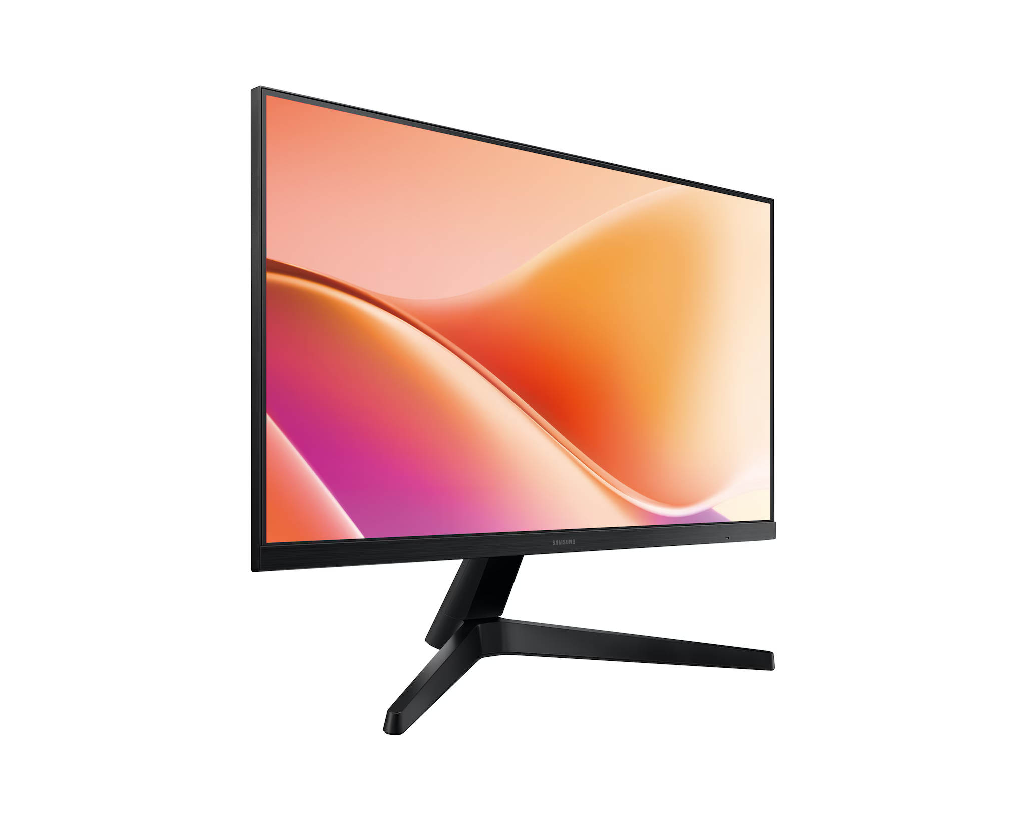 Egy fekete Samsung monitor egy absztrakt narancs és rózsaszín színátmenetes képet jelenít meg fehér háttérrel.