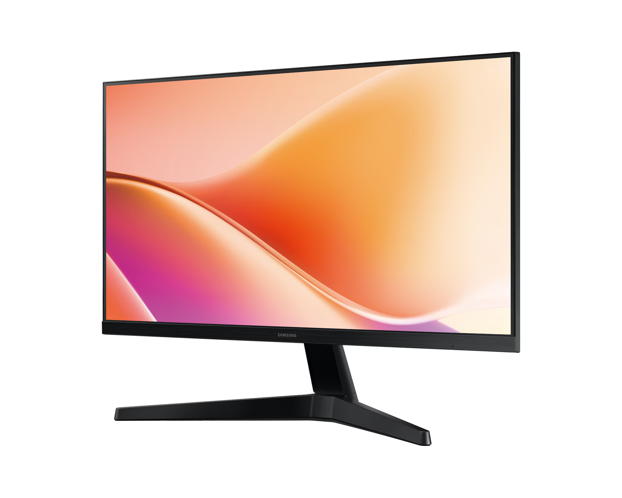 Egy fekete Samsung monitor absztrakt narancs, rózsaszín és fehér dizájnt jelenít meg fehér háttéren. A monitor szögben áll.