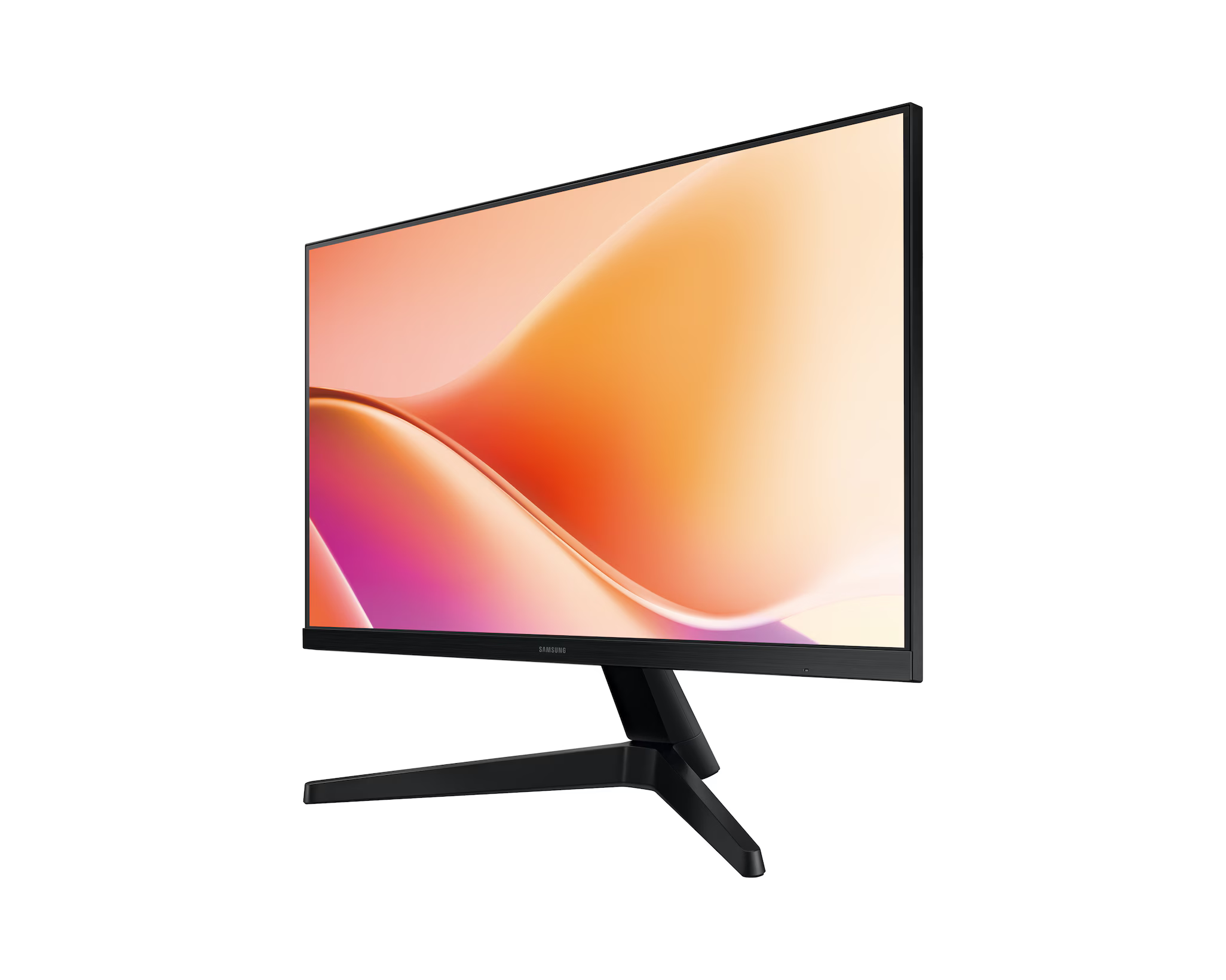 Egy fekete Samsung monitor egy absztrakt narancs és rózsaszín dizájnt jelenít meg. A monitor fekete állványon áll.