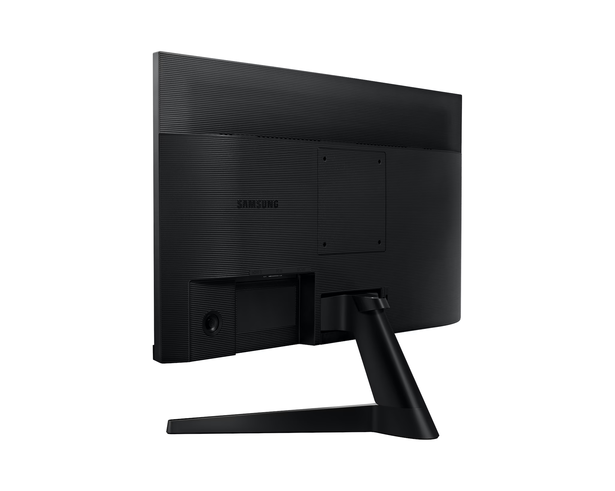 Fekete Samsung monitor hátulról. Portok és állvány látható. Bordázott textúra.