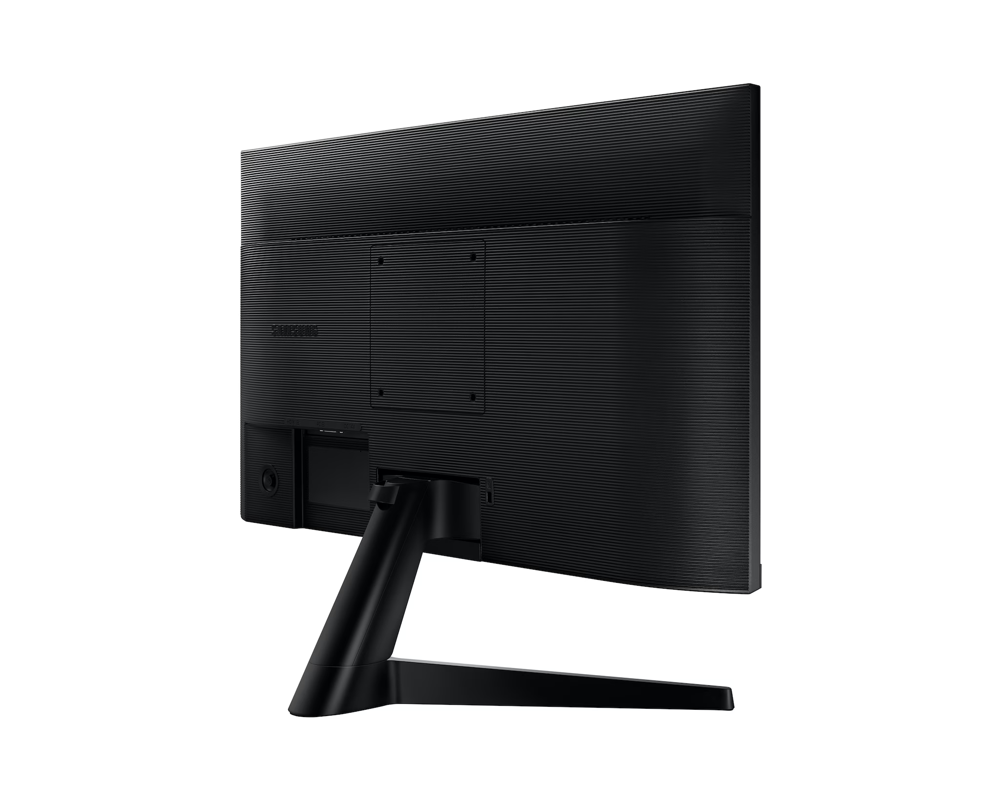 Egy fekete Samsung monitor hátulja látható. Bordázott textúrája, állványa és portjai vannak.