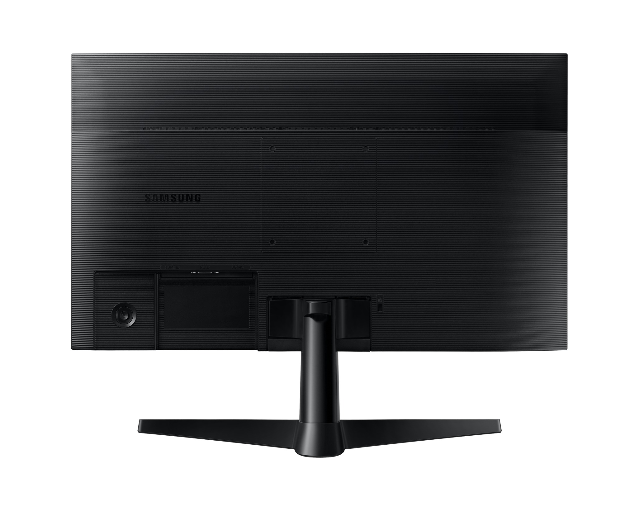 Egy fekete Samsung monitor hátulja. Bordázott textúrája, portjai és állványa van. A Samsung logó látható.