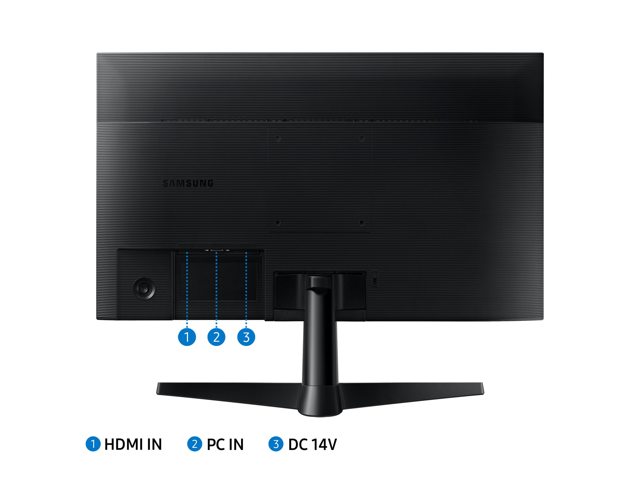 Egy fekete Samsung monitor hátulja, HDMI, PC és DC 14V portokkal. Fekete állványa van fehér háttéren.