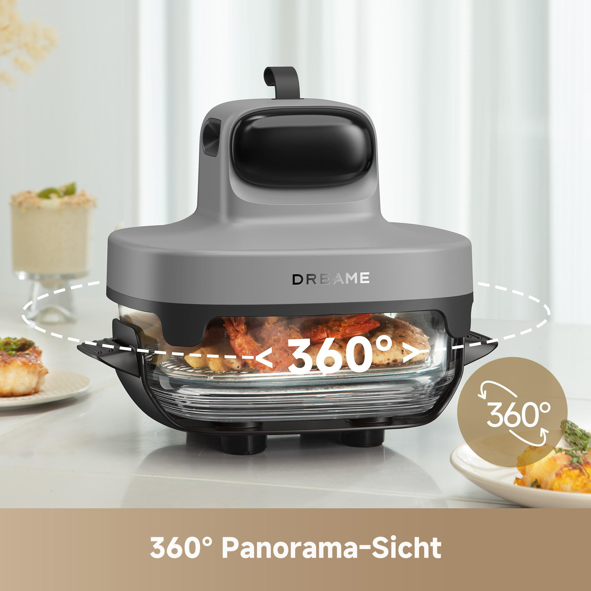 Ein grauer Dreame-Ofen mit Essen, ein 360°-Ansichtssymbol und Teller mit Essen auf einem Tisch.