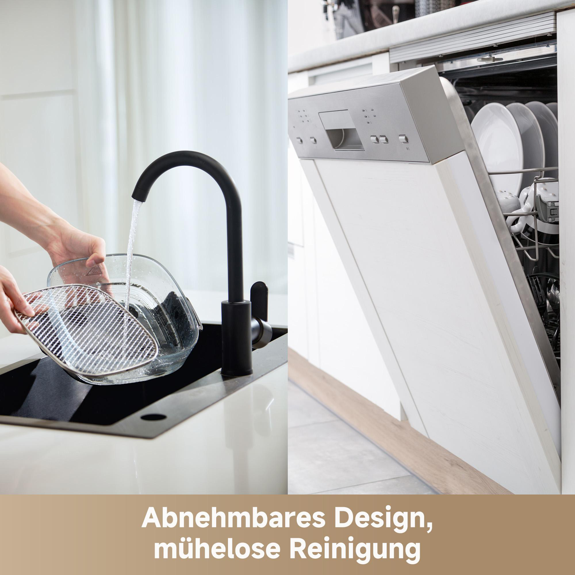 Eine Person wäscht eine Glasschüssel und ein Metallgitter unter einem schwarzen Wasserhahn. Rechts ist ein Geschirrspüler geöffnet.