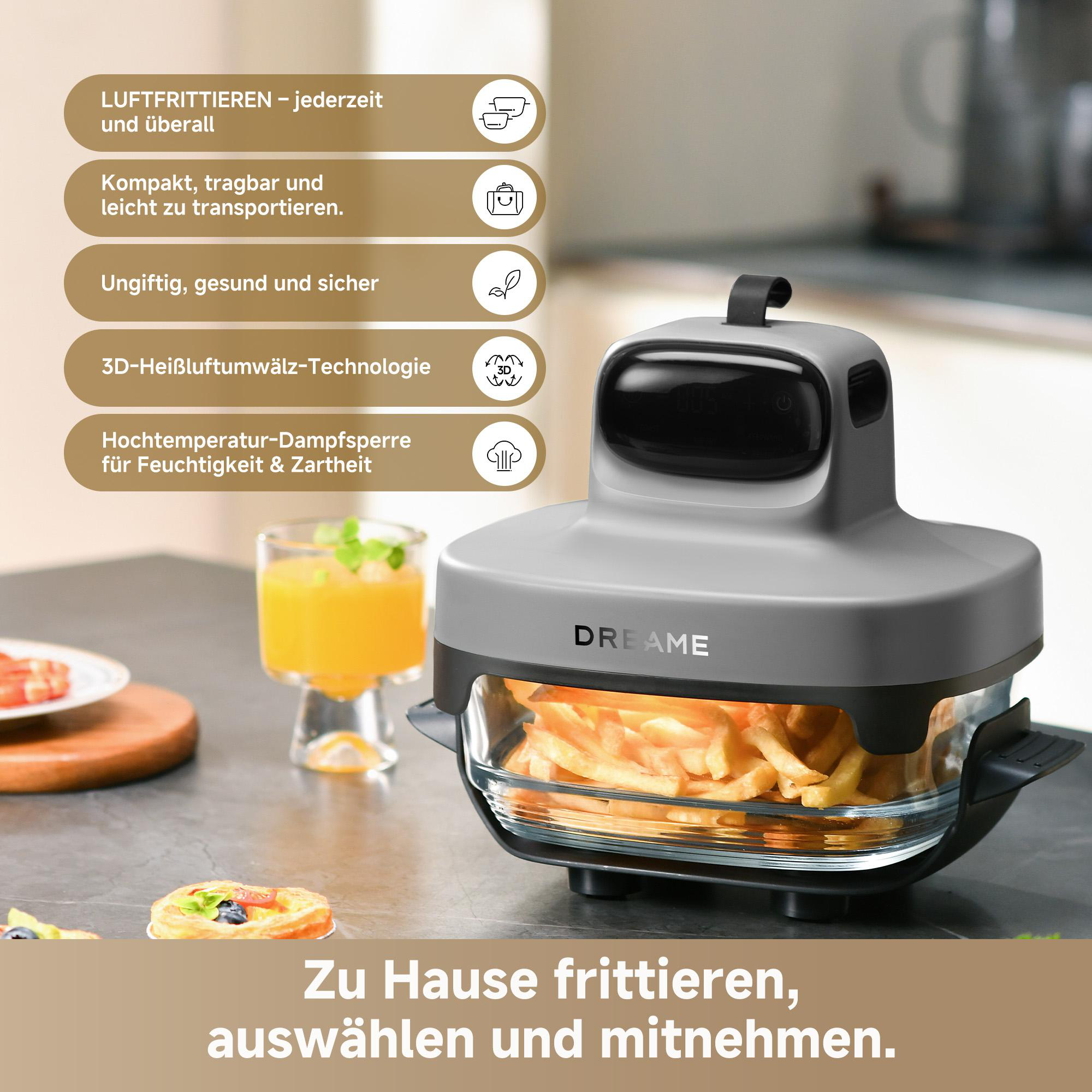 Ein Luftfritteuse mit Pommes Frites, ein Glas Orangensaft und Gebäck auf einem Tisch. Text lautet 'Zuhause frittieren'.