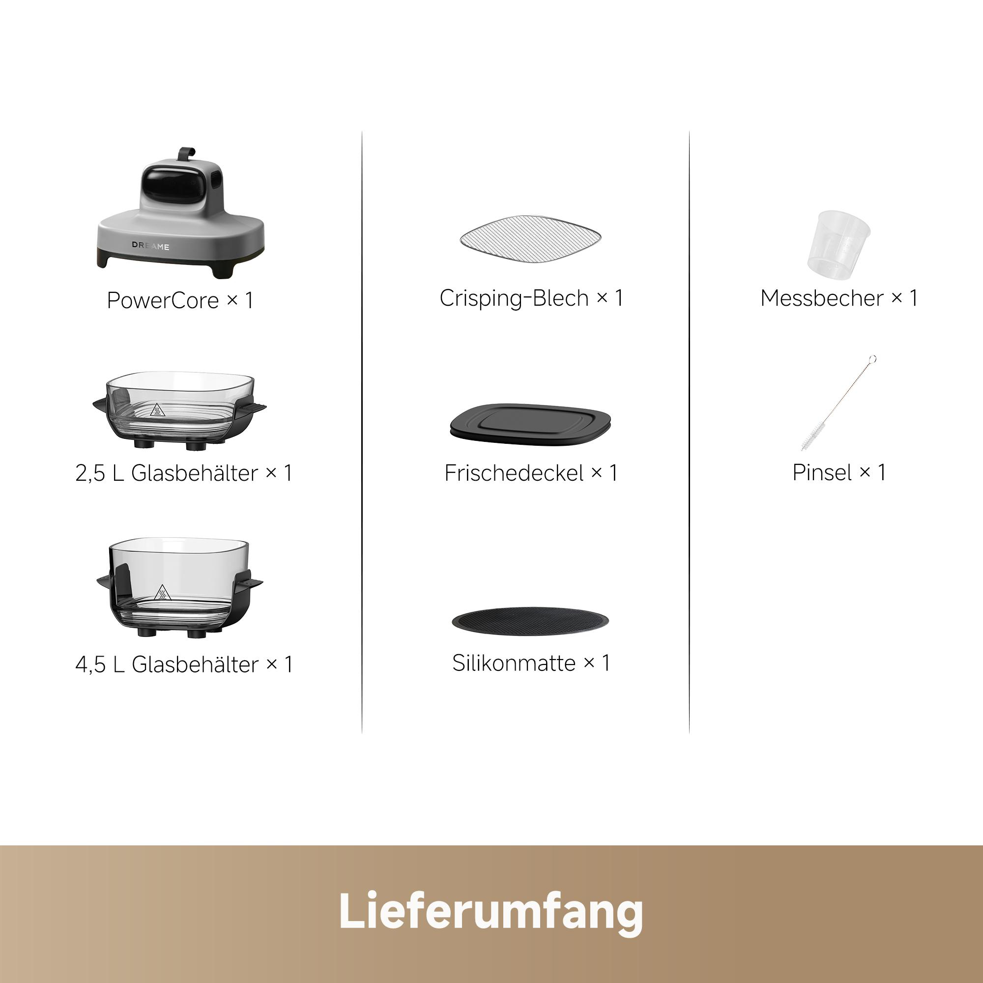 Das Bild zeigt Produktkomponenten: PowerCore, Glasbehälter, Crisper, Deckel, Messbecher, Pinsel und Silikonmatte.