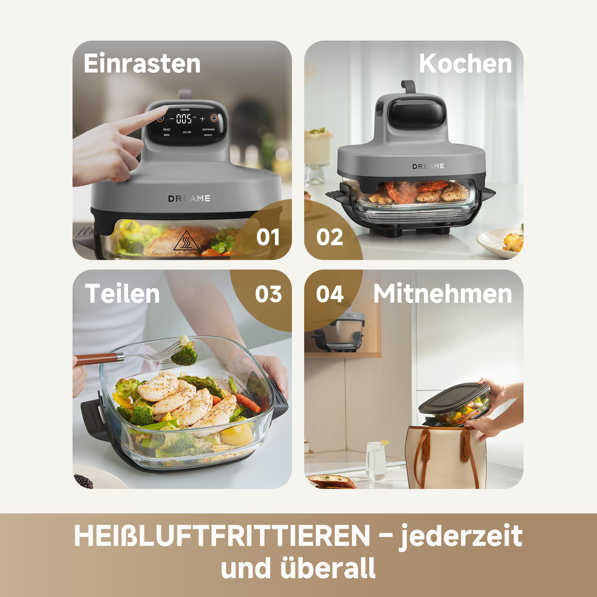 Das Bild zeigt einen Airfryer in verschiedenen Kontexten: Benutzen, Kochen, Teilen von Essen und Mitnehmen.