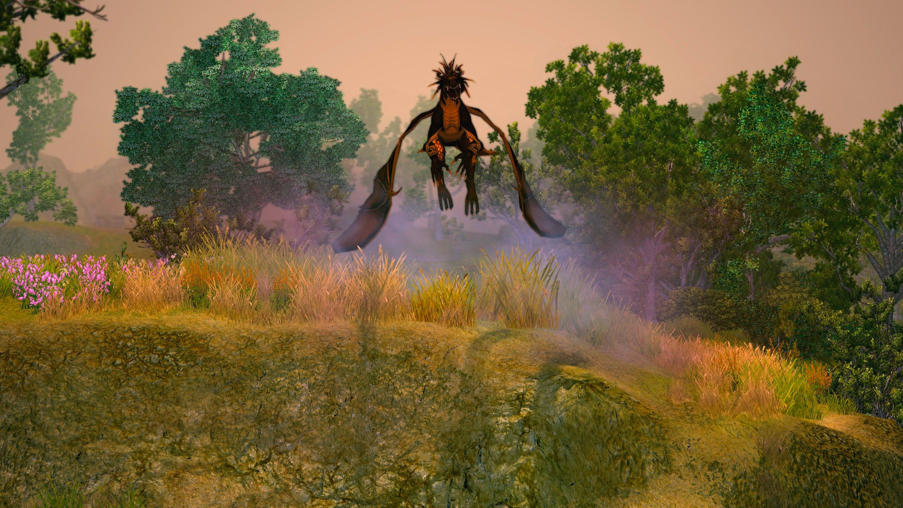 Un dragon aux ailes déployées vole au-dessus d'une colline herbeuse. Des arbres entourent la scène avec un ciel brumeux et orangé en arrière-plan.