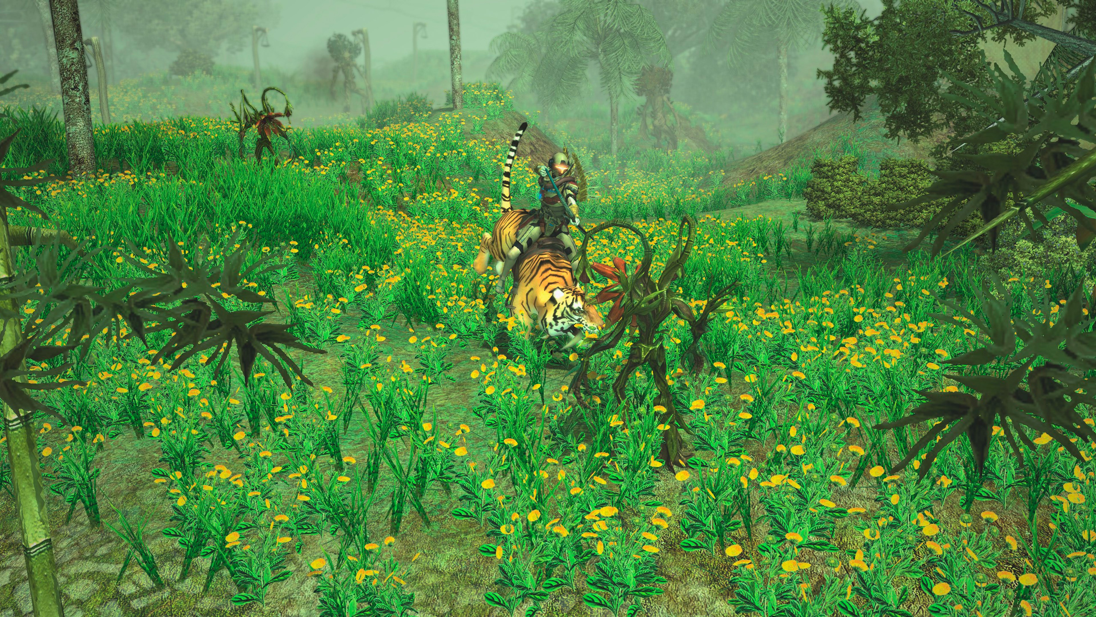 Un guerrier chevauche un tigre à travers un champ de fleurs jaunes et d'herbe verte. D'autres personnages sont en arrière-plan.