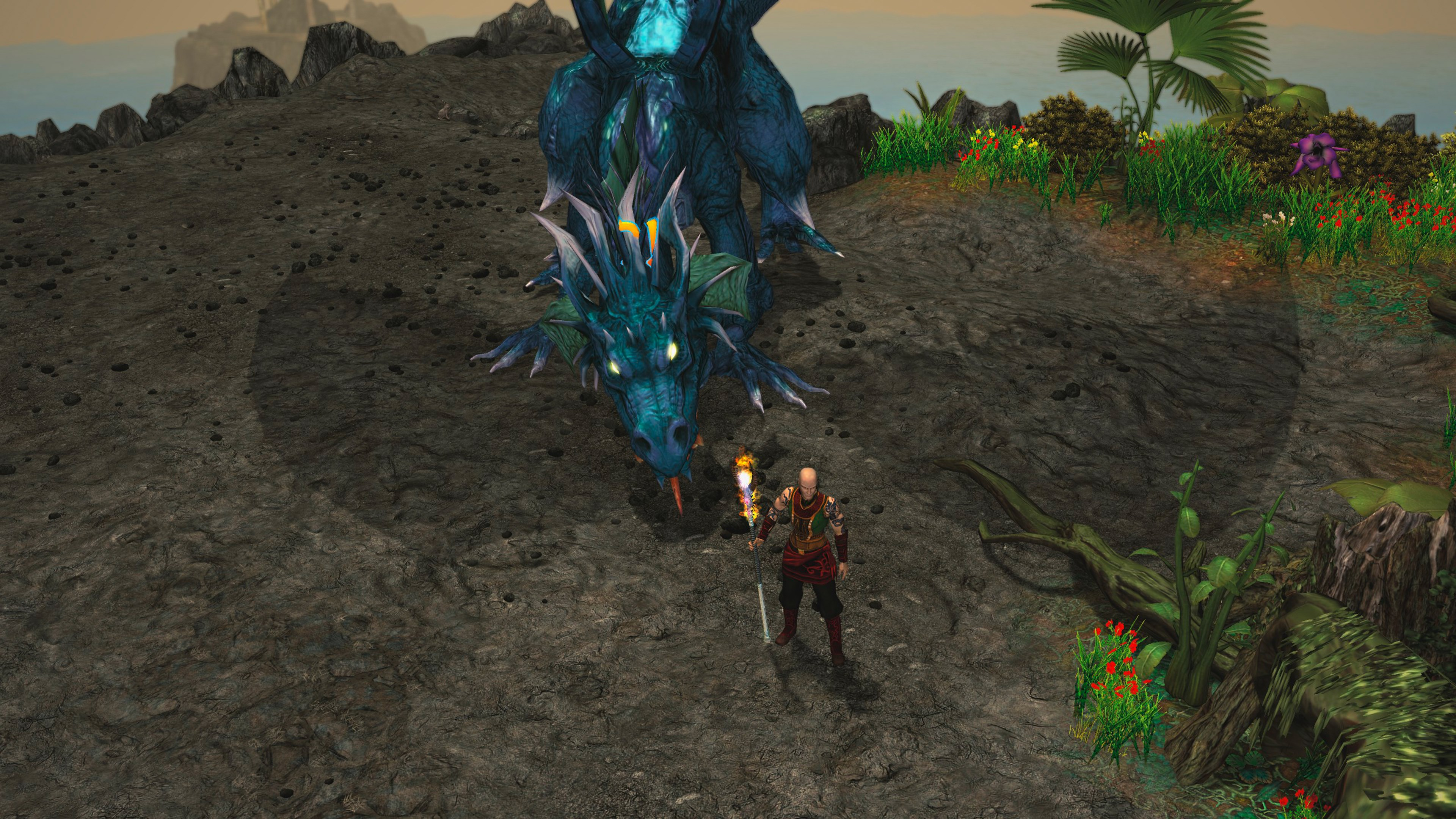 Un dragon bleu fait face à un homme avec une torche. La scène se déroule sur un terrain rocheux avec végétation et montagnes lointaines.