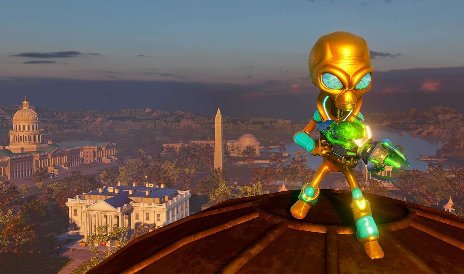 Alien dorato con un'arma in piedi su un tetto, che si affaccia su Washington D.C. Gli edifici includono la Casa Bianca e il Campidoglio.