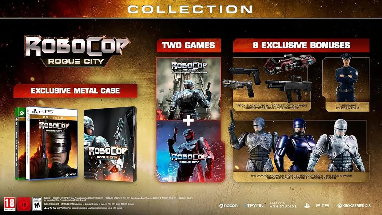 Collection de jeux RoboCop Rogue City. Comprend deux jeux, 8 bonus et un boîtier métallique exclusif. Comprend des images et des logos de RoboCop.